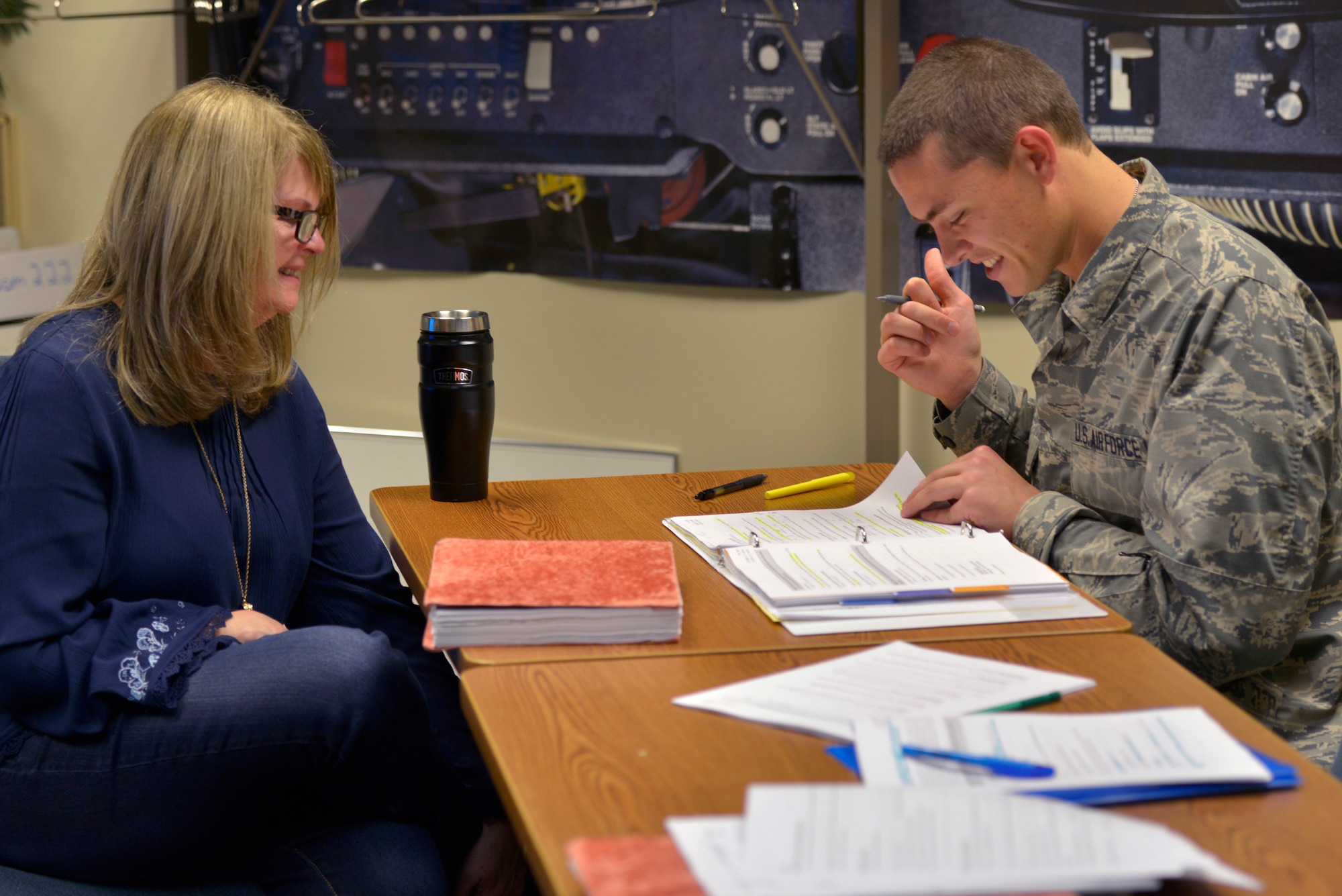Katherine Chowdhary, 334th Training Squadron instructor, assists Airman Andrew Ebert, 334th TRS air traffic control student, with an assignment at Keesler Air Force Base, Mississippi, Feb. 2, 2019. Chowdhary’s class is the first to incorporate an Active Learning Environment in the ATC course and throughout the course she ensures her students are given the opportunity to understand the course material fully. The 81st Training Group encourages all instructors to implement innovative techniques to better develop Mach-21 Airmen. (U.S. Air Force photo by Airman 1st Class Kimberly L. Mueller)