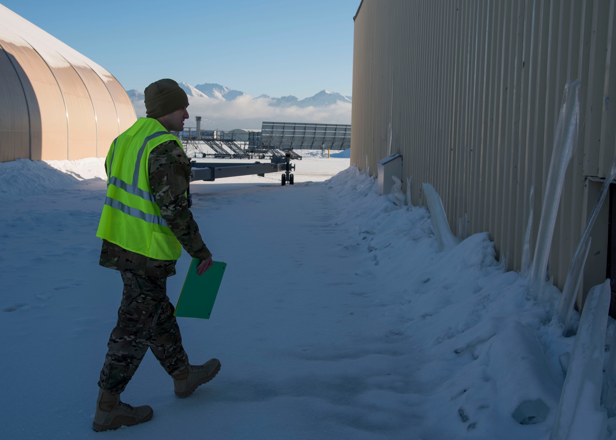 U.S. Air Force Master Sgt. David Ballew, 673d CES project manager, performs a post-earthquake inspection of a facility at Joint Base Elmendorf-Richardson, Alaska, Jan. 31, 2019. Since the Nov. 30, 2018 earthquake more than 20 CES Airmen have been trained in the ATC-20-1 Post-earthquake Safety Evaluation of Buildings to maintain and improve agile support capabilities.