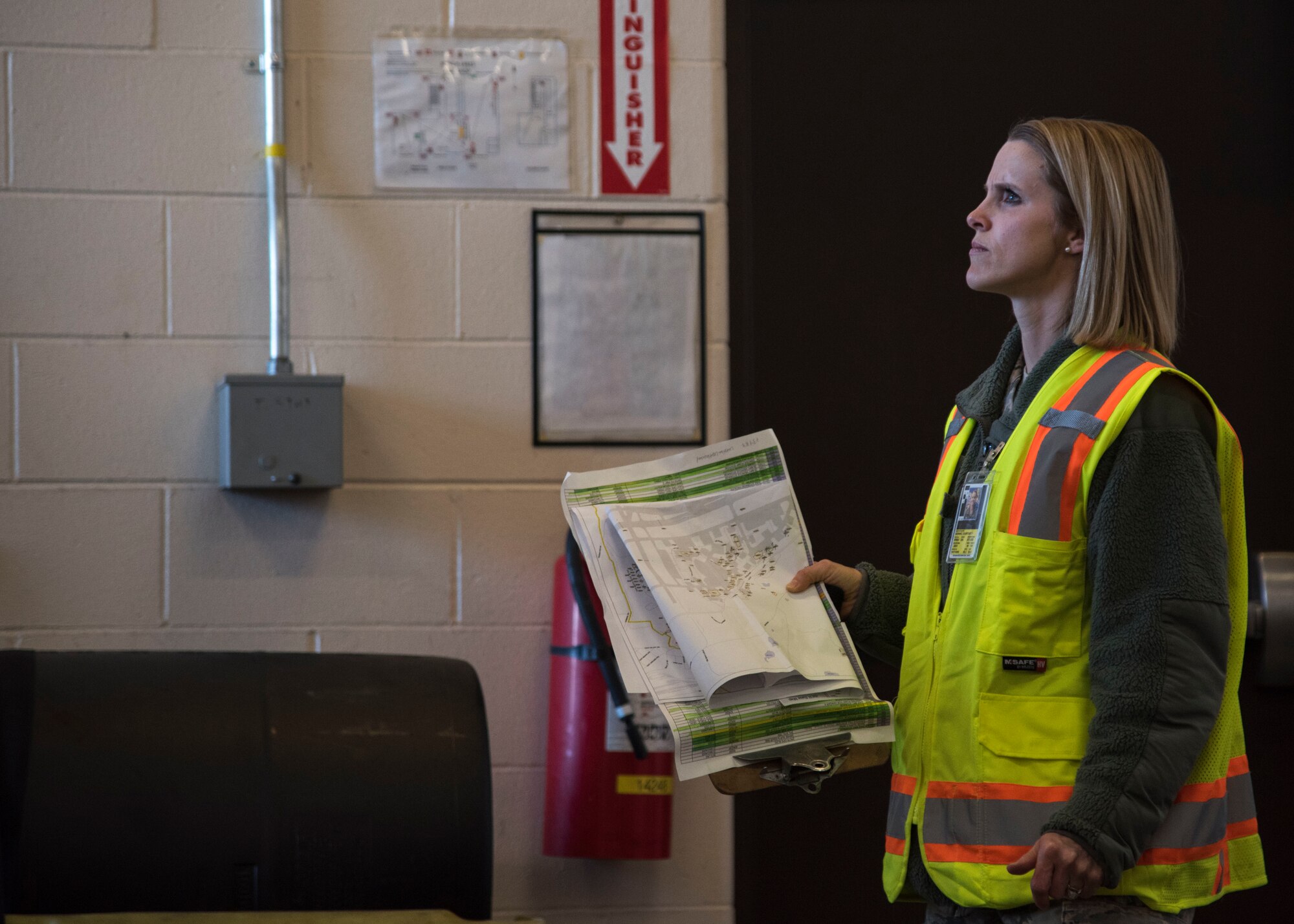 U.S. Air Force Staff Sgt. Courtney Kohnke, 673d Civil Engineer Squadron construction inspector, performs a post-earthquake inspection of a level-four rated facility at Joint Base Elmendorf-Richardson, Alaska, Jan. 31, 2019. Since the Nov. 30, 2018 earthquake more than 20 CES Airmen have been trained in the ATC-20-1 Post-earthquake Safety Evaluation of Buildings to maintain and improve agile support capabilities.