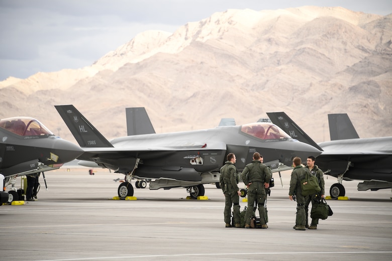 F-35A Lightning II pilots on the flight line after a mission during Red Flag 19-1, at Nellis Air Force Base, Nevada. This is wing's second Red Flag with the F-35A, America's most advanced multi-role fighter, which brings game-changing stealth, lethality and interoperability to the modern battlefield. Red Flag is the Air Force's premier combat exercise and includes units from across the Air Force and allied nations. The 388th is the lead wing for Red Flag 19-1. U.S. Air Force photo by R. Nial Bradshaw)