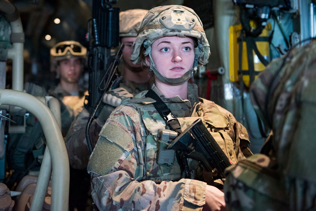 Airmen from the 823d Base Defense Squadron (BDS) get ready to exit an HC-130J Combat King II during airfield security training, Jan. 28, 2019, at Moody Air Force Base, Ga. The training was geared toward bolstering the 823d BDS’s adaptive base readiness, which consisted of improving Airmen’s capabilities to effectively and efficiently on-load equipment along with more than 30 fully-equipped personnel into an aircraft, followed by establishing airfield security. (U.S. Air Force photo by Airman 1st Class Erick Requadt)