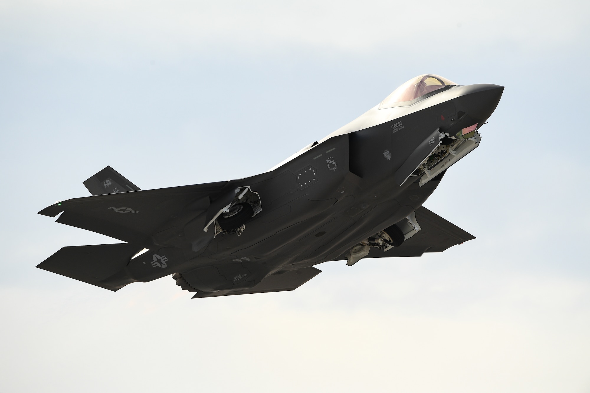 An F-35A Lightning II takes off at Nellis Air Force Base, Nev., Feb. 1, 2019. Pilots and maintainers from the 388th Fighter Wing's 4th Fighter Squadron and 4th Aircraft Maintenance Unit are participating in Red Flag 19-1 at Nellis AFB, Nevada. This is the wing's second Red Flag with the F-35A, America's most advanced multi-role fighter, which brings game-changing stealth, lethality and interoperability to the modern battlefield. Red Flag is the Air Force's premier combat exercise and includes units from across the Air Force and allied nations. The 388th is the lead wing for Red Flag 19-1. U.S. Air Force photo by R. Nial Bradshaw)