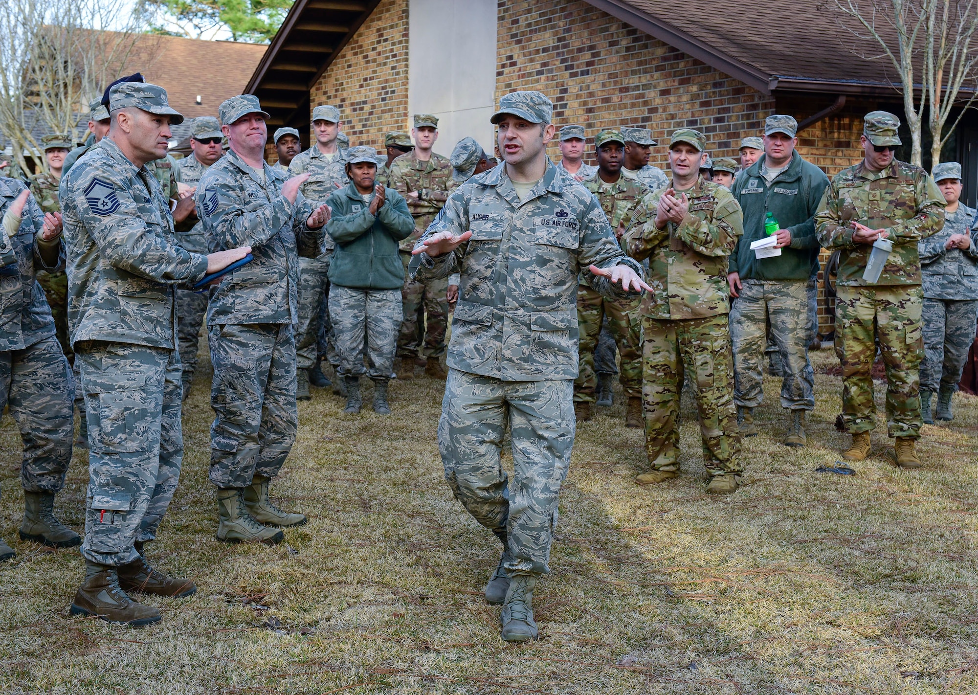 Chief Master Sgt. Jamie Auger, 96th Test Wing command chief, addresses superintendents at the Air Force Enlisted Village during the installation’s first Superintendent Symposium Jan 27 at Eglin Air Force Base, Fla. The nearly week-long course was established to fulfill a gap in training for superintendents. Students learned about their daily roles, how to support of the overall health of their squadron and prepare for the unexpected. The curriculum also included briefings by subject matter experts on deployment and medical readiness, manpower, budget, assignments, inspector general applications, and personnel. (U.S. Air Force Photo/Jasmine Porterfield)