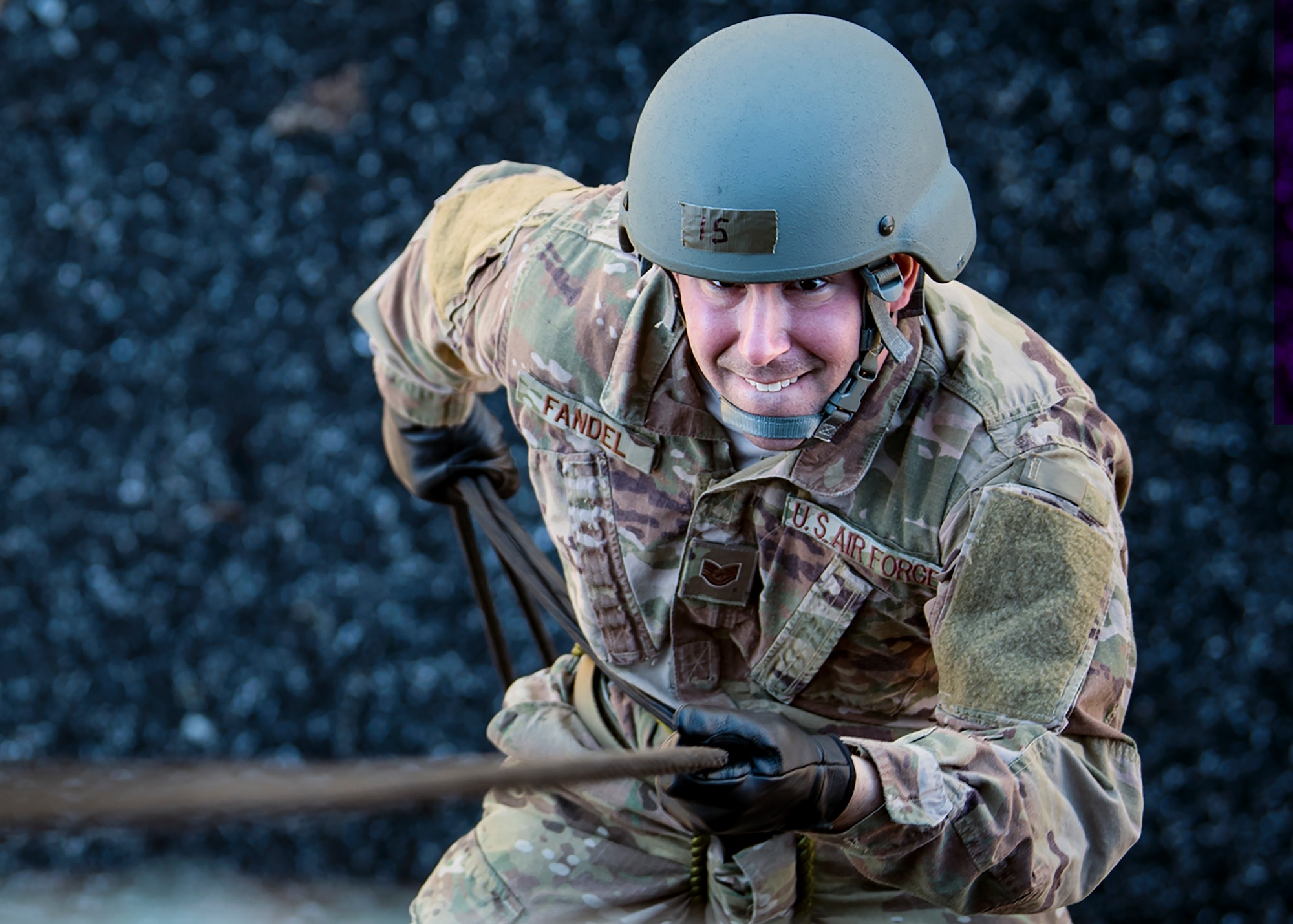 Tech Sgt. Daniel Fandel, 822d Base Defense Squadron squad leader, rappels down the Safeside Rappel Tower during an Army Air Assault Assessment (AAA), Jan. 28, 2019, at Moody Air Force Base, Ga. The AAA is designed to determine Airmen’s physical and mental readiness before being able to attend Army Air Assault school. (U.S. Air Force photo by Airman First Class Eugene Oliver)