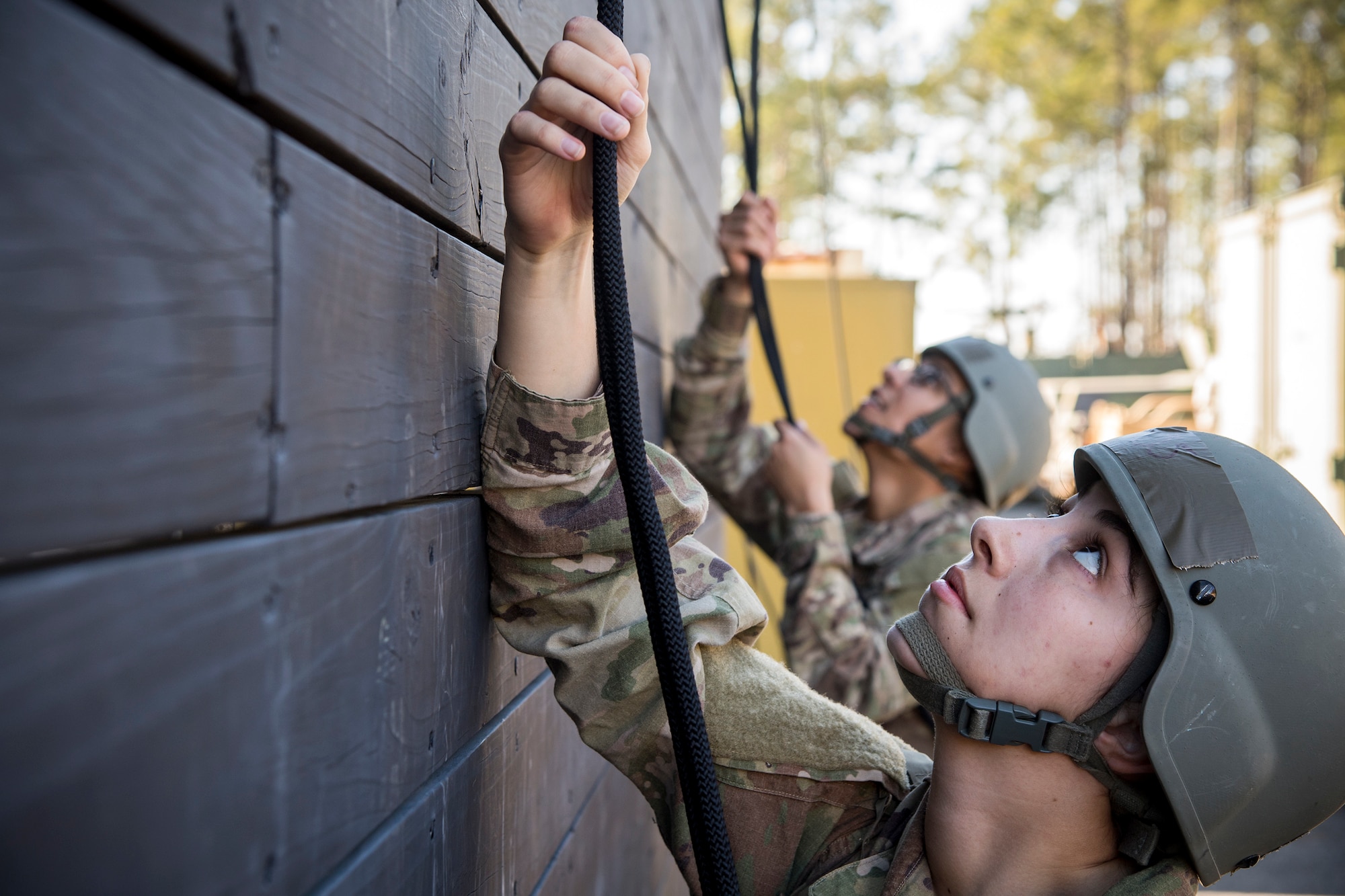 Airman First Class Madison Ruiz, 823 Base Defense Squadron security forces member, holds a rappel wire to support another Airman during an Army Air Assault Assessment, Jan. 28, 2019, at Moody Air Force Base, Ga. Airmen demonstrated their comprehensive rappel tower knowledge to help determine their overall readiness for Army Air Assault school (U.S. Air Force photo by Airman First Class Eugene Oliver)