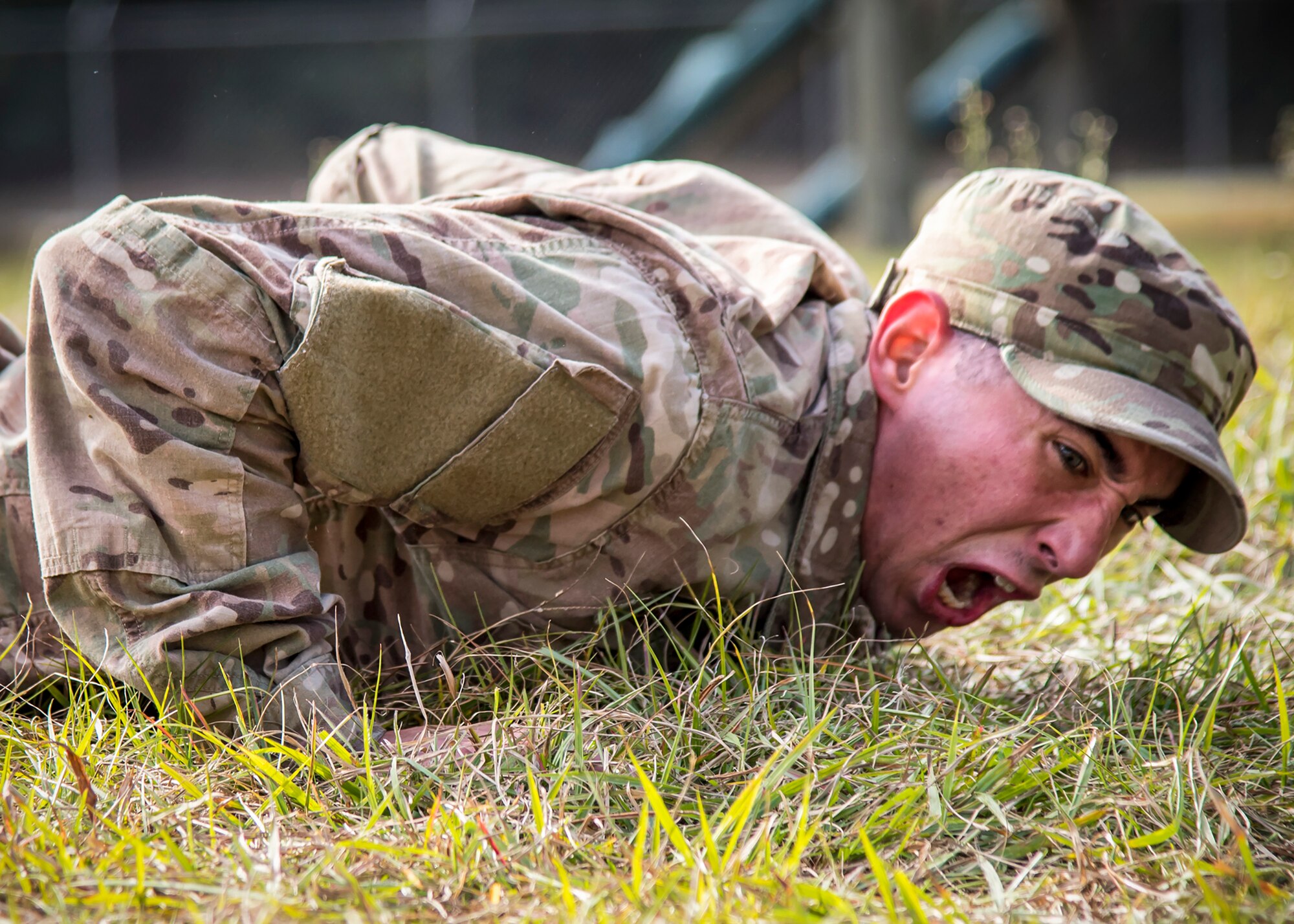 Staff Sgt. Ethan Martin, 23d Security Forces Squadron reports and analysis clerk, calls out commands prior to performing a push-up during an Army Air Assault Assessment (AAA), Jan. 30, 2019, at Camp Blanding, Fla. The AAA is designed to determine Airmen’s physical and mental readiness before being selected to attend Army Air Assault school. (U.S. Air Force photo by Airman First Class Eugene Oliver)