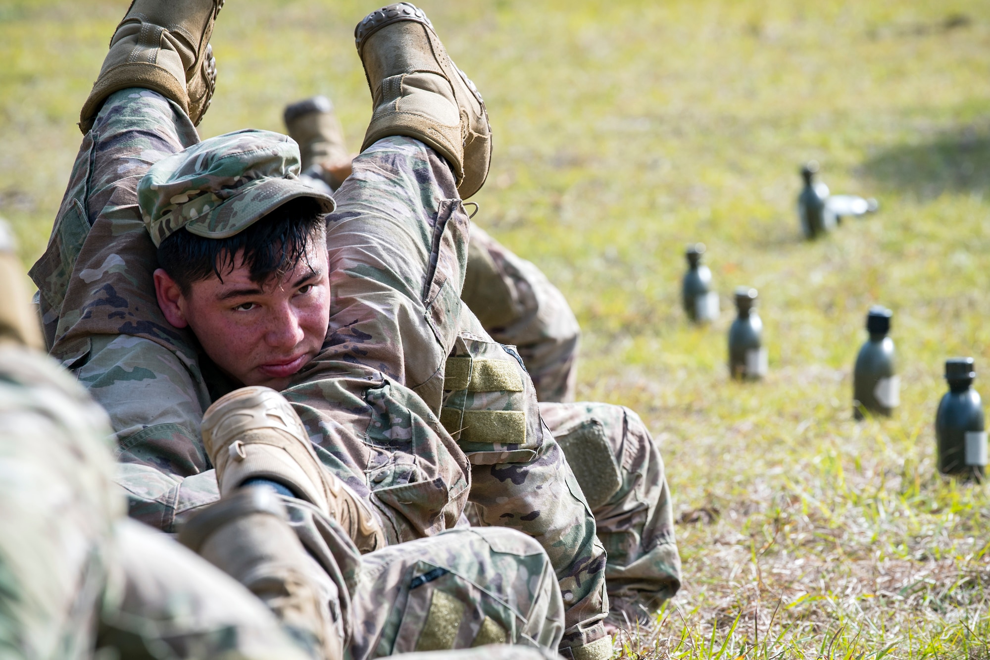 Senior Airman Shawn King, 823d Base Defense Squadron fireteam member, performs a suspended push-up during an Army Air Assault Assessment, Jan. 30, 2019, at Camo Blanding, Fla. Throughout the assessment, cadres challenged Airmen’s physical and mental limits to determine who would be selected prior to attending Army Air Assault School. (U.S. Air Force photo by Airman First Class Eugene Oliver)