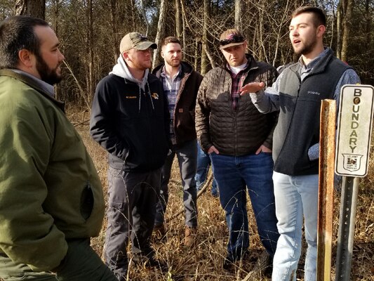 Park Ranger Dylon Anderson (Left) leads a boundary line field exercise at J. Percy Priest Lake in Nashville, Tenn., Jan. 31, 2019 during a class for U.S. Army Corps of Engineers employees that focuses on environmental stewardship. (USACE photo)