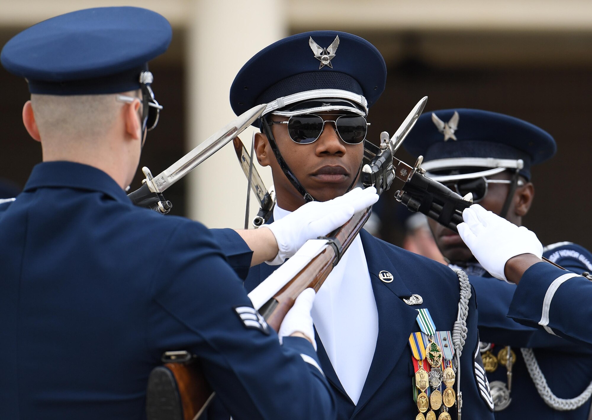 U.S. Air Force Master Sgt. Jason Prophet, U.S. Air Force Honor Guard Drill Team superintendent, participates in the debut performance of the team's 2019 routine in front of Keesler leadership and 81st Training Group Airmen on the Levitow Training Support Facility drill pad at Keesler Air Force Base, Mississippi, Feb. 8, 2019. The team comes to Keesler every year for five weeks to develop a new routine that they will use throughout the year. (U.S. Air Force photo by Kemberly Groue)