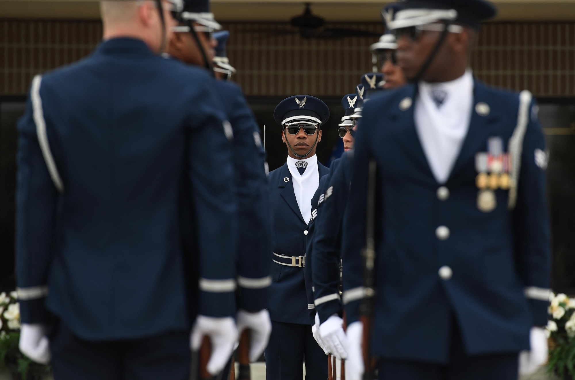 U.S. Air Force Master Sgt. Jason Prophet, U.S. Air Force Honor Guard Drill Team superintendent, participates in the debut performance of the team's 2019 routine in front of Keesler leadership and 81st Training Group Airmen on the Levitow Training Support Facility drill pad at Keesler Air Force Base, Mississippi, Feb. 8, 2019. The team comes to Keesler every year for five weeks to develop a new routine that they will use throughout the year. (U.S. Air Force photo by Kemberly Groue)