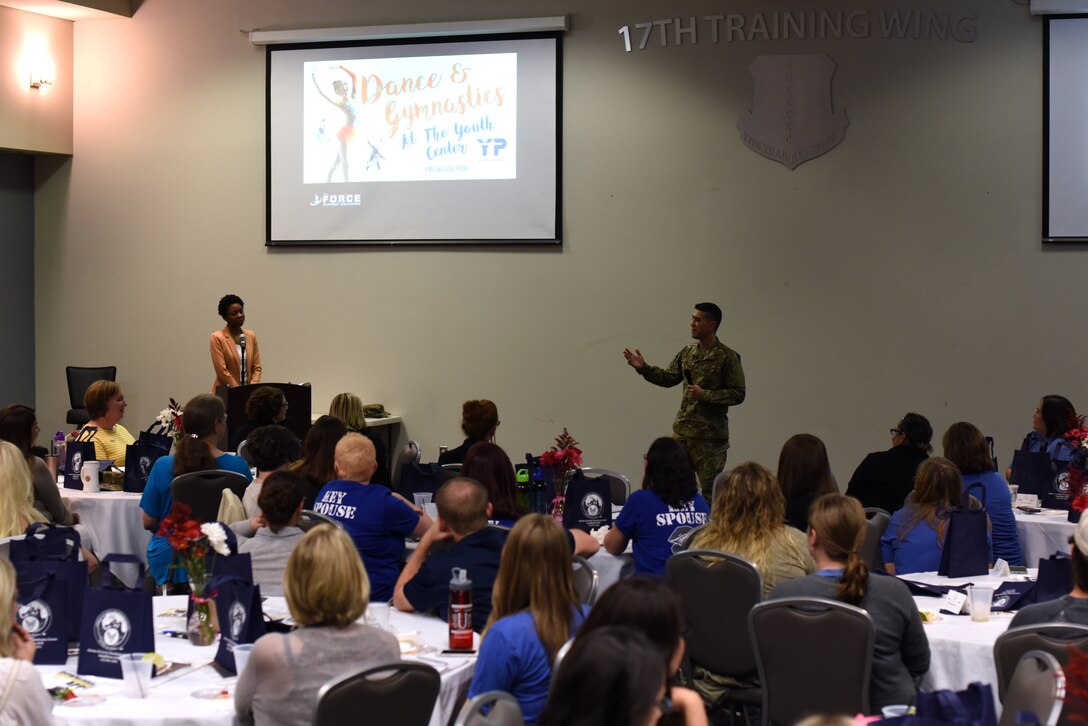 U.S. Air Force Col. Ricky Mills, 17th Training Wing commander, speaks to the crowd during Goodfellow Air Force Base's first Key Spouses' Program All Call at the Event Center, GAFB, Texas, Feb. 7, 2019. This event was held to give military spouses the chance to ask wing leadership questions, network with other spouses and learn about resources available to them. (U.S. Air Force Photo by Airman 1st Class Zachary Chapman/Released)