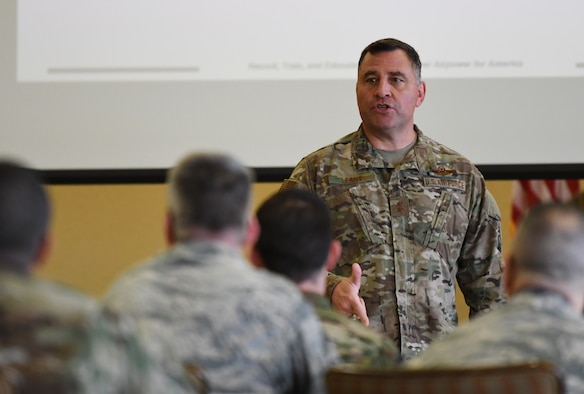 U.S. Air Force Maj. Gen. Timothy Leahy, Second Air Force commander, speaks a group of chiefs and training staff during the 2019 Career Field Managers Conference at Keesler Air Force Base, Mississippi, Feb. 6, 2019. The three-day conference, put on by the 81st Training Support Squadron, is designed to improve lines of communication between all levels of training development and delivery. This year the main topics of discussion were the blended learning approach to training, advancements in cyber training, advancing the technical training enterprise and augmented and virtual reality as training options. (U.S. Air Force photo by Master Sgt. Ryan Crane)