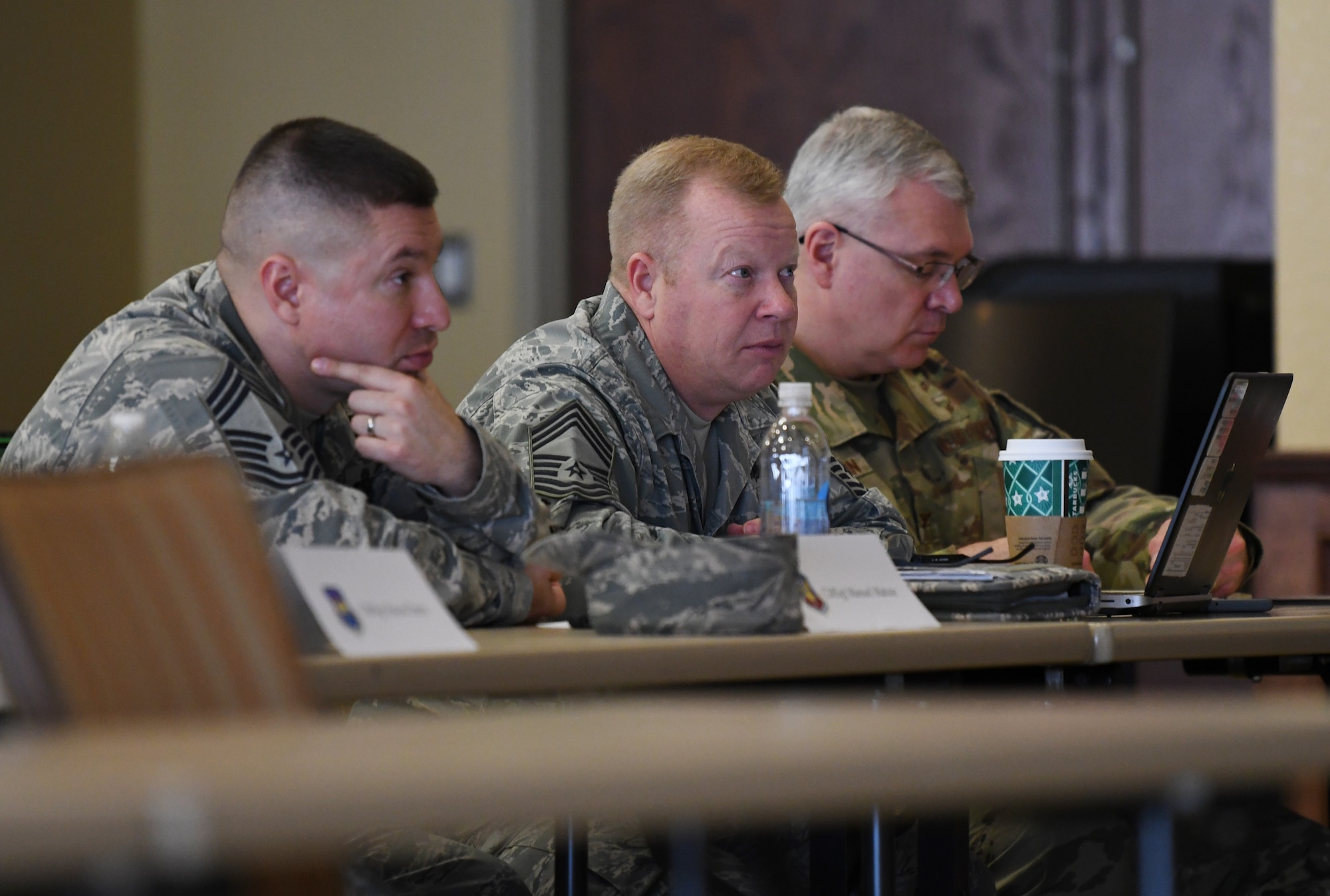 U.S. Air Force chief master sergeants listen and take notes during the 2019 Career Field Managers Conference at Keesler Air Force Base, Mississippi, Feb. 7, 2019. The three-day conference, put on by the 81st Training Support Squadron, is designed to improve lines of communication between all levels of training development and delivery. This year the main topics of discussion were the blended learning approach to training, advancements in cyber training, advancing the technical training enterprise and augmented and virtual reality as training options. (U.S. Air Force photo by Master Sgt. Ryan Crane)