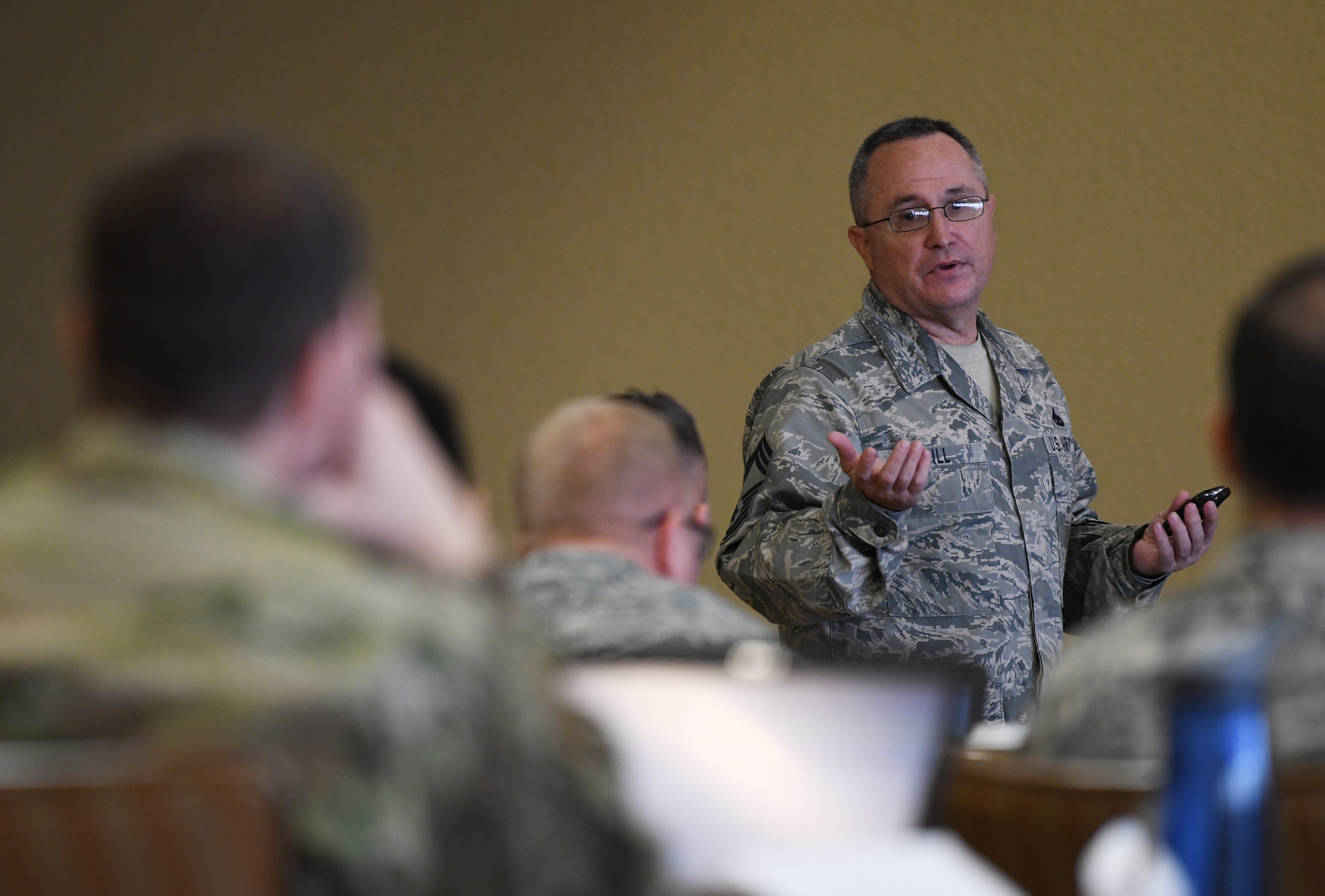 U.S. Air Force Chief Master Sgt. Robert Hill, Second Air Force training operations, briefs a group on the current training development of the command during the 2019 Career Field Managers Conference at Keesler Air Force Base, Mississippi, Feb. 7, 2019. The three-day conference, put on by the 81st Training Support Squadron, is designed to improve lines of communication between all levels of training development and delivery. This year the main topics of discussion were the blended learning approach to training, advancements in cyber training, advancing the technical training enterprise and augmented and virtual reality as training options. (U.S. Air Force photo by Master Sgt. Ryan Crane)