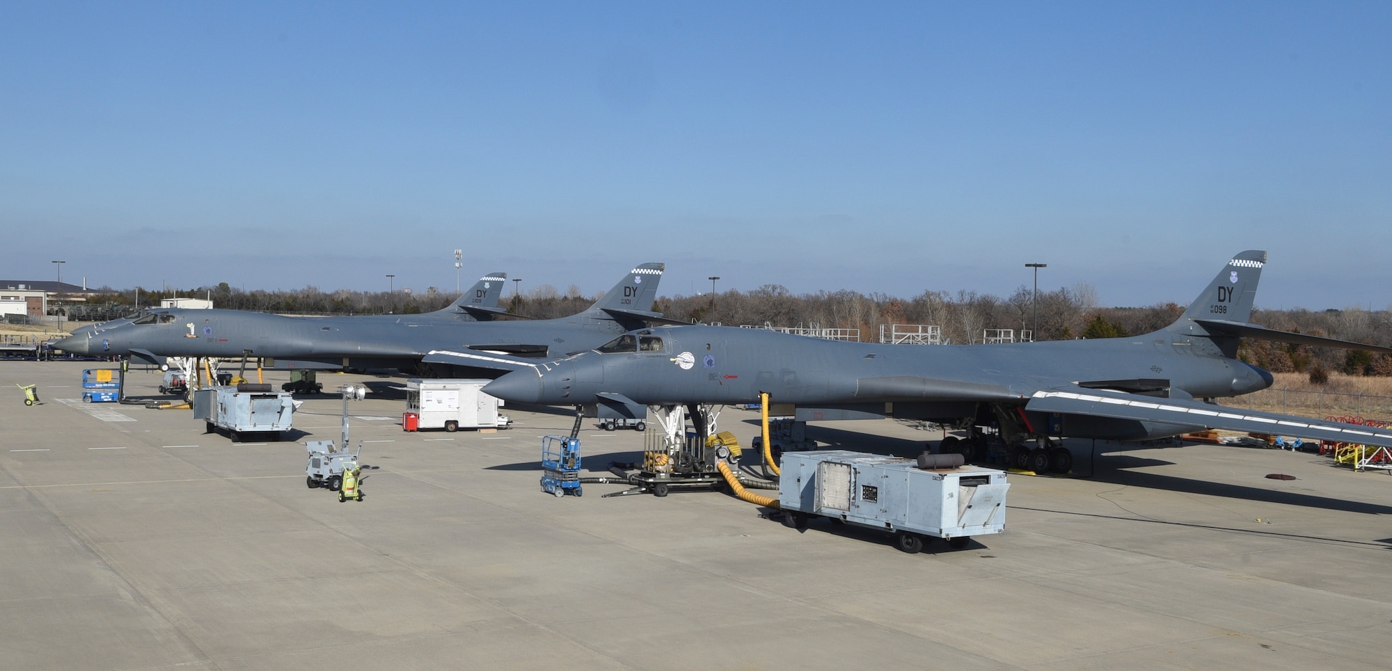 Three Boeing B-1B Lancer bombers are shown at the Maintenance, Repair and Overhaul Training Center Jan. 17, 2019, Tinker Air Force Base, Oklahoma. MROTC is a facility used for heavy aircraft maintenance in a public/private partnership between the Air Force and Boeing.