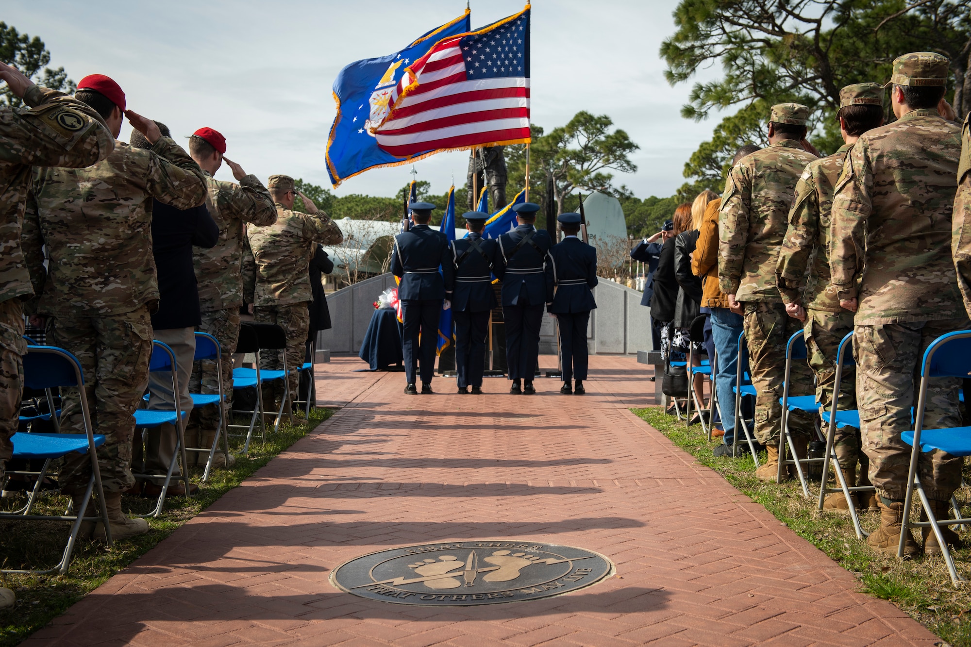 Members of the Hurlburt Field honor guard present the colors during the promotion ceremony of U.S. Air Force Col. Claude K. Tudor, Jr., at Hurlburt Field, Florida, Feb. 8, 2019.