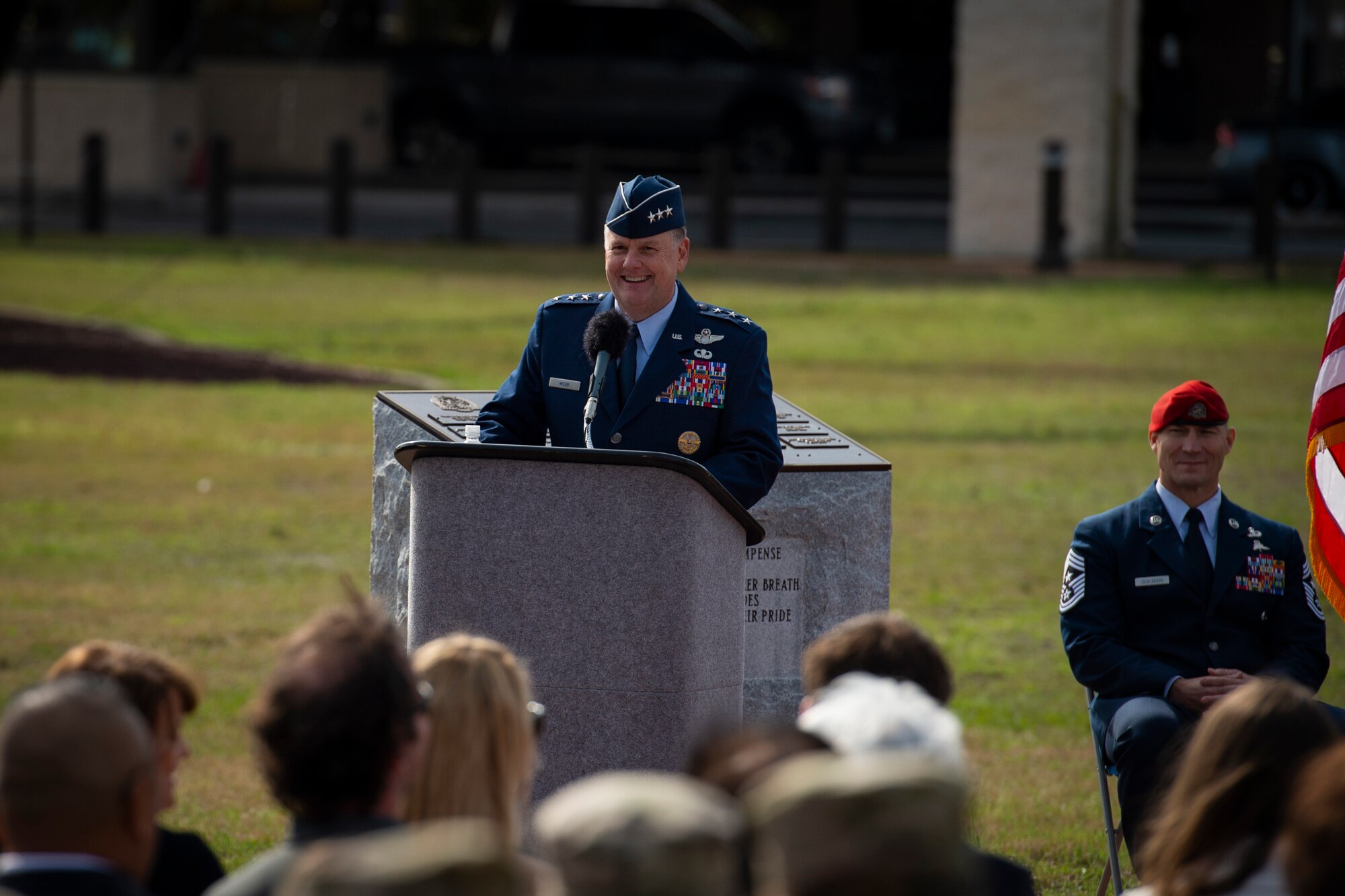 U.S. Air Force Lt. Gen. Brad Webb, commander of Air Force Special Operations Command, gives remarks during the promotion ceremony of U.S. Air Force Col. Claude K. Tudor, Jr., at Hurlburt Field, Florida, Feb. 8, 2019.