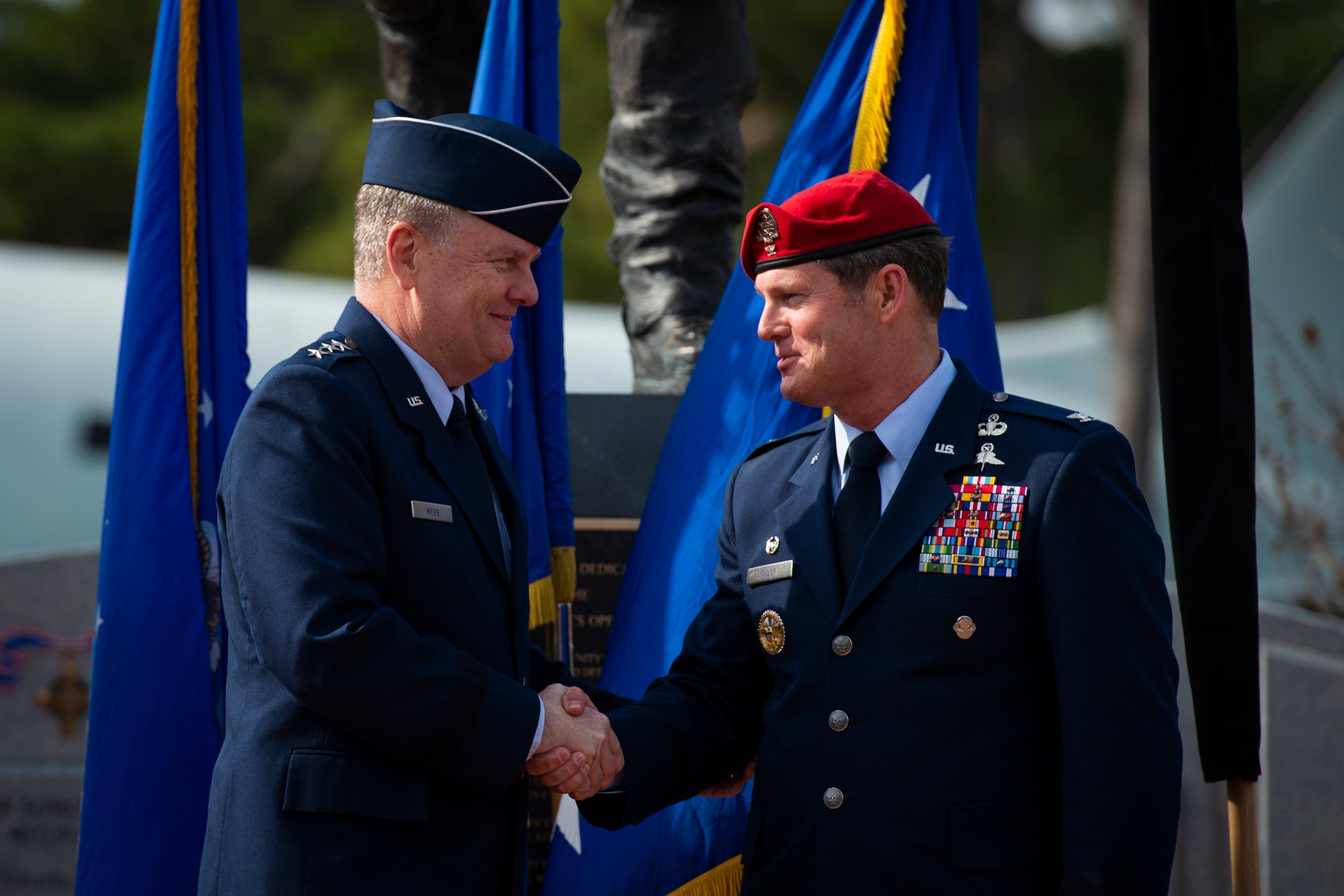 U.S. Air Force Lt. Gen. Brad Webb, left, commander of Air Force Special Operations Command, congratulates U.S. Air Force Brig. Gen. Claude K. Tudor, Jr., commander of the 24th Special Operations Wing, during a ceremony at Hurlburt Field, Florida, Feb. 8, 2019.