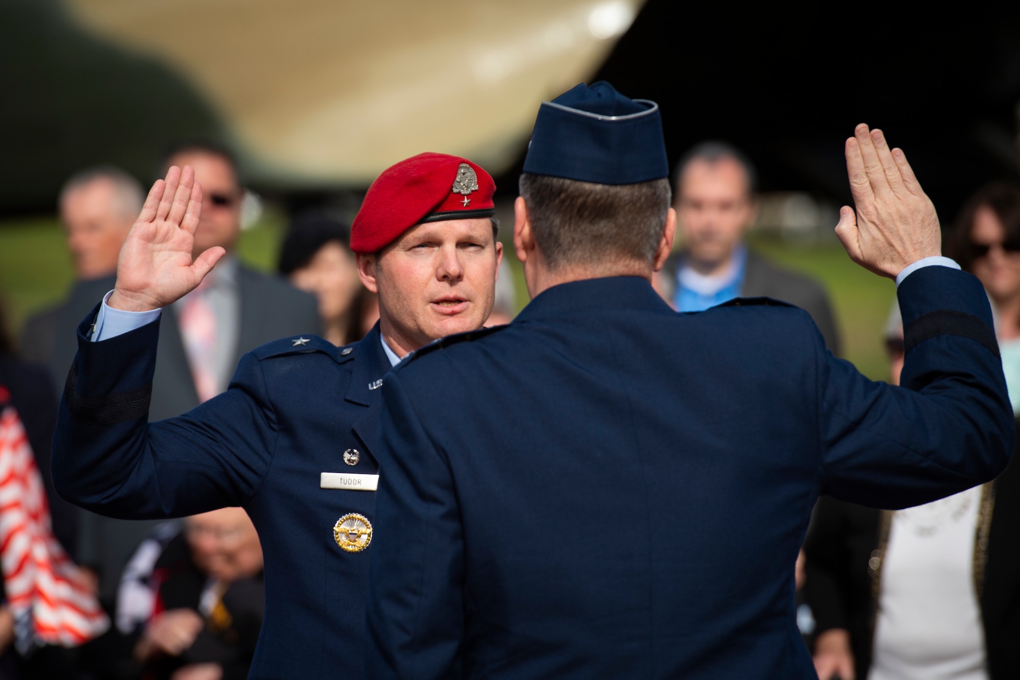U.S. Air Force Lt. Gen. Brad Webb, right, commander of Air Force Special Operations Command, administers the officer’s oath to U.S. Air Force Brig. Gen. Claude K. Tudor, Jr., commander of the 24th Special Operations Wing, during a ceremony at Hurlburt Field, Florida, Feb. 8, 2019.
