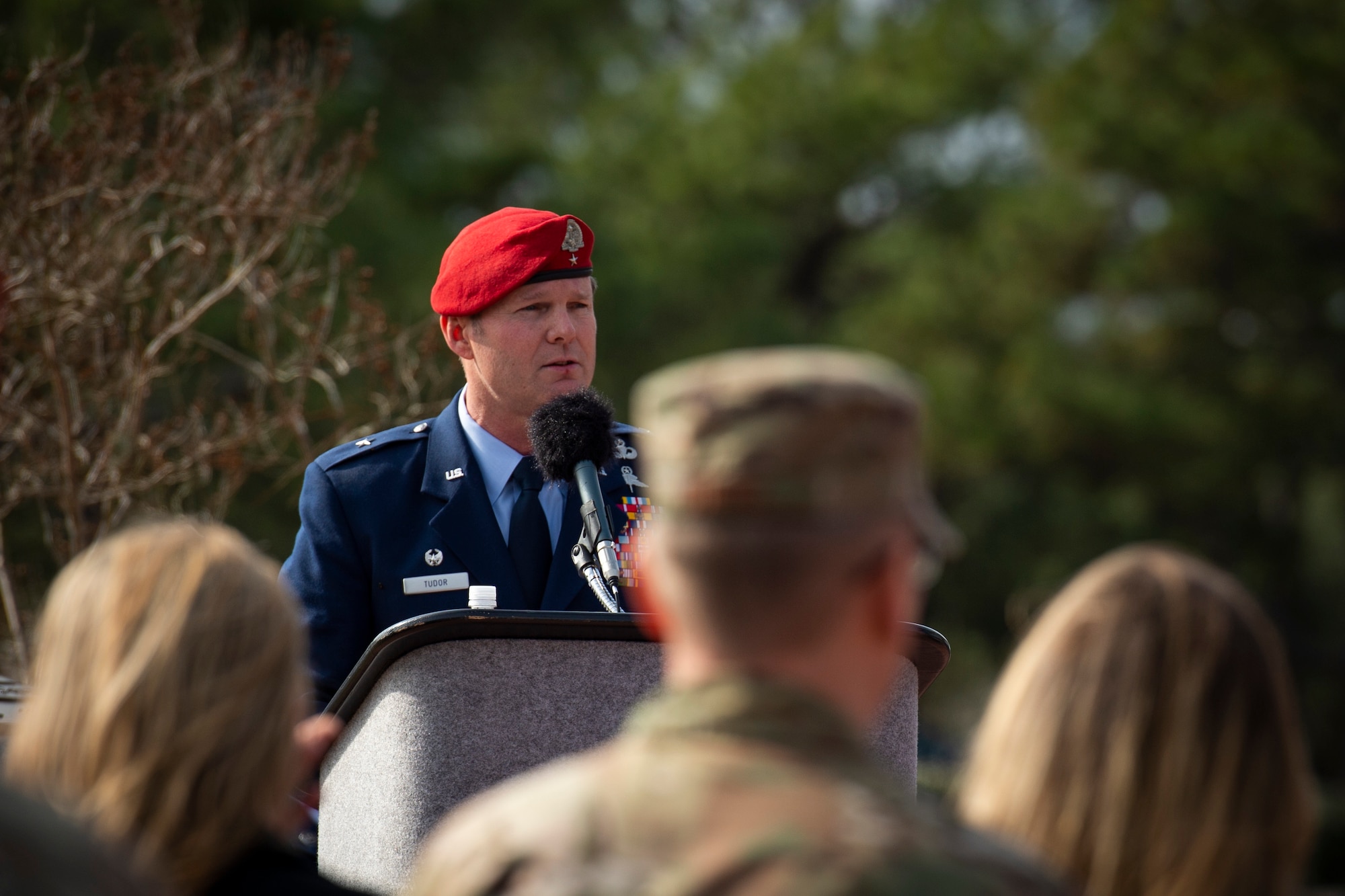 U.S. Air Force Brig. Gen. Claude K. Tudor, Jr., commander of the 24th Special Operations Wing, gives remarks during his promotion ceremony at Hurlburt Field, Florida, Feb. 8, 2019.