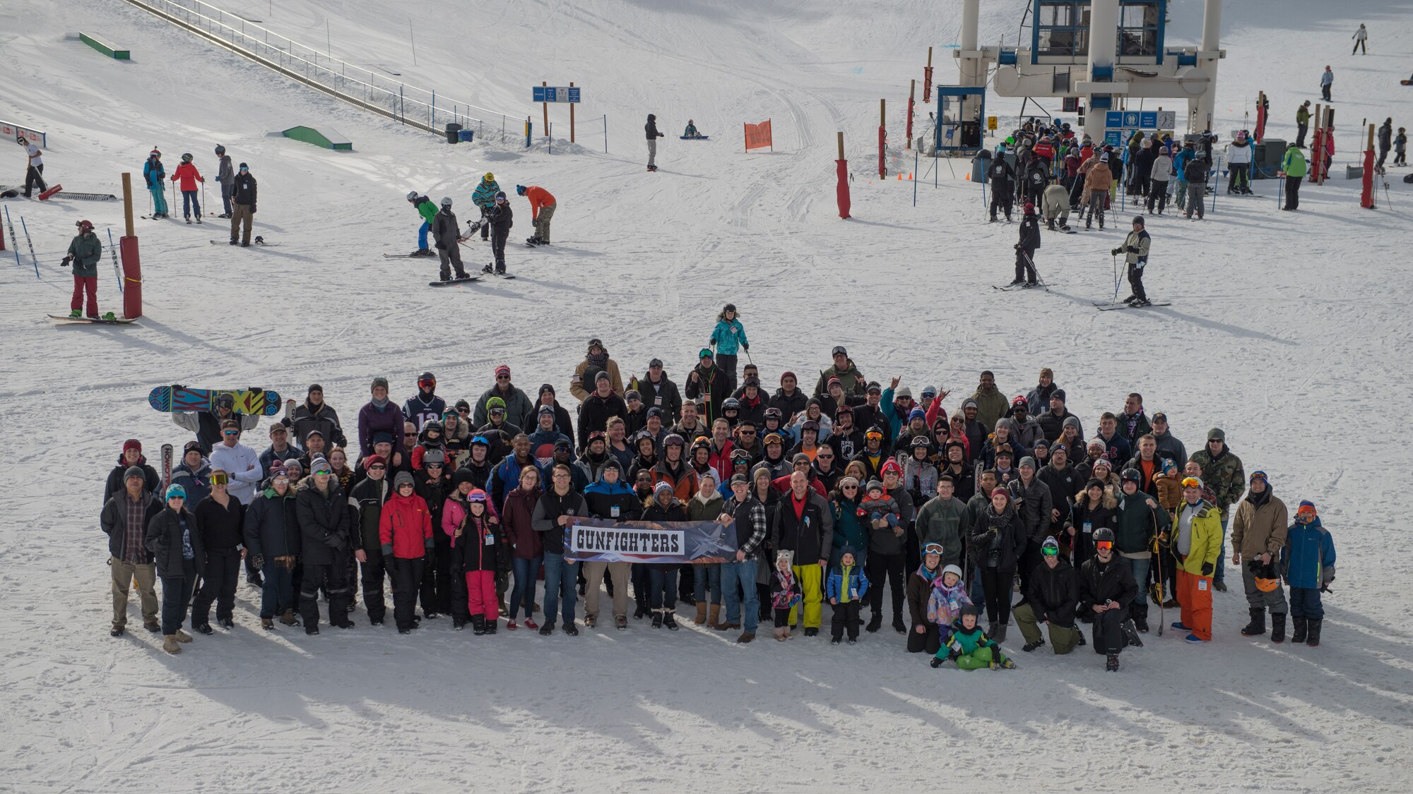 Members from the 366th Fighter Wing take a group photo, Feb. 1, 2019, at Boise National Forest, Idaho. The 366th FW celebrated Wing Ski Day to boost morale among mission focused Airmen. (U.S. Air Force photo by Airman 1st Class JaNae Capuno)