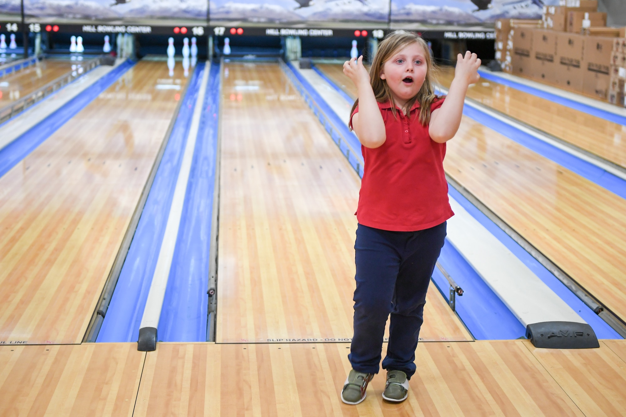 Ambria Myers during bowling Jan. 30, 2019, at the event held by Exceptional Family Member Program-Family Support at Hill Air Force Base, Utah. (U.S. Air Force photo by Cynthia Griggs)