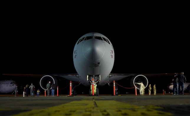 The KC-46A Pegasus looms over the flightline at Altus Air Force Base, Oklahoma, Feb. 8, 2019, shortly after its historic delivery. Reservists in the 730th Air Mobility Training Squadron are charged with training aircrew on the newest aerial refueling aircraft alongside their active duty counterparts in the 97th Air Mobility Wing. (U.S. Air Force photo by Tech. Sgt. Samantha Mathison)