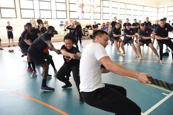 The U.S. team pulls on a rope during the tug-of-war portion of the Friendship Games Feb. 6, 2019, at Al Dhafra Air Base, United Arab Emirates.