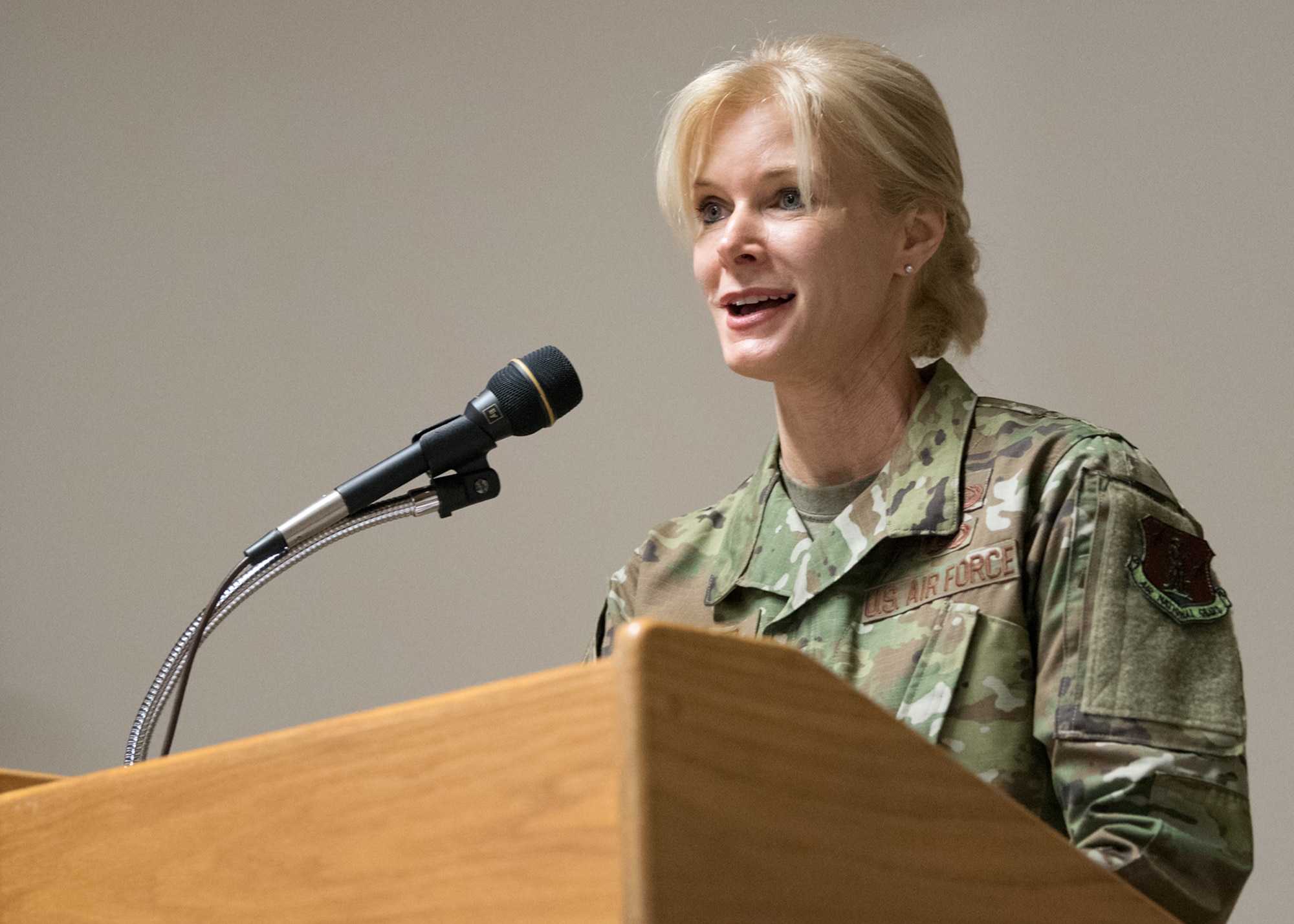 Col. Mary Decker, commander of the 123rd Mission Support Group, speaks to audience members at an MSG change-of-command ceremony held at the Kentucky Air National Guard base in Louisville, Ky., Jan. 5, 2019. Decker is replacing Col. Patrick Pritchard, who has been named vice commander of the 123rd Airlift Wing. (U.S. Air National Guard photo by Master Sgt. Phil Speck)