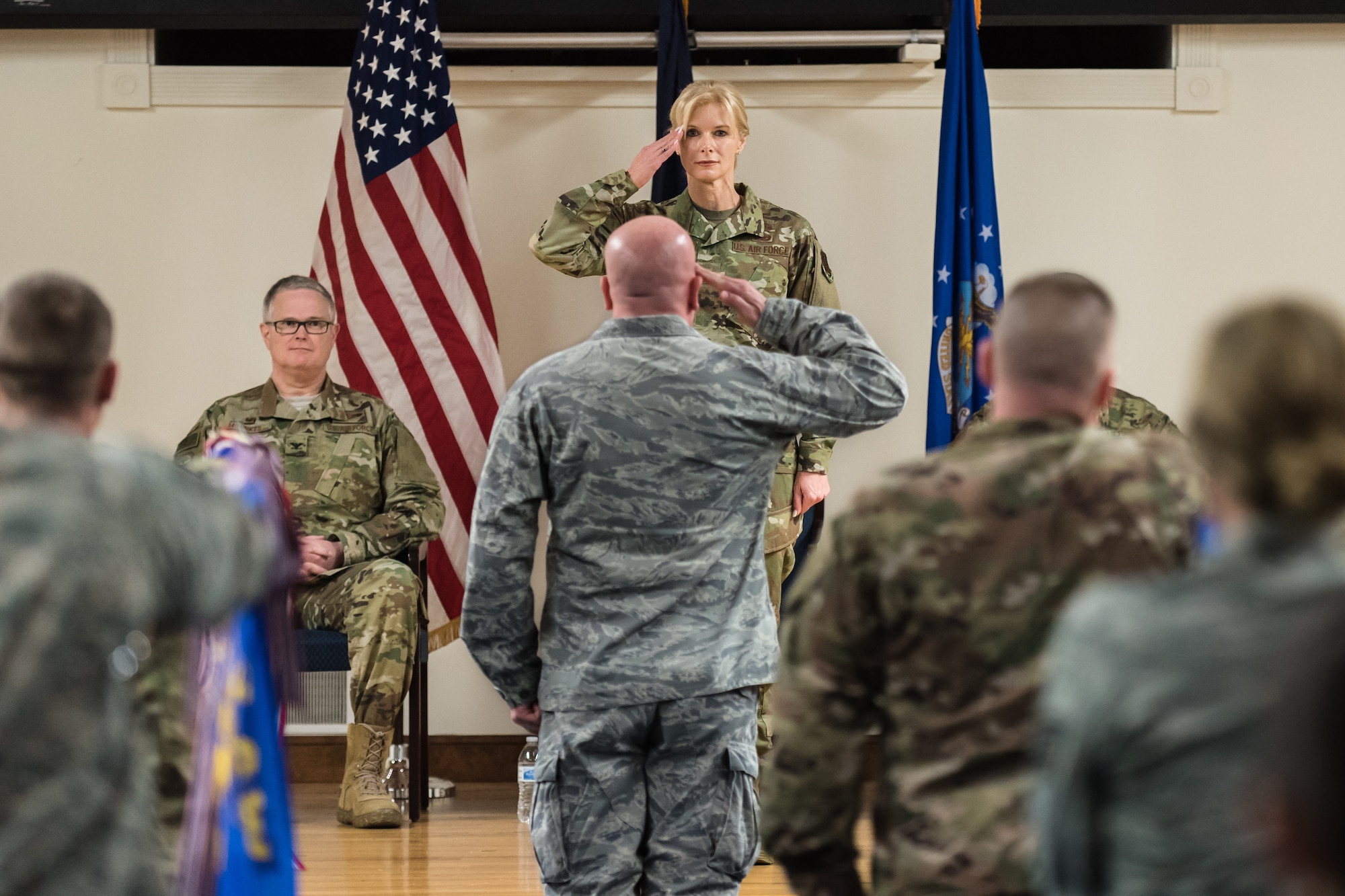 Col. Mary Decker receives her first salute as she takes command of the 123rd Mission Support Group during a ceremony at the Kentucky Air National Guard Base in Louisville, Ky., Jan. 5, 2019. Decker replaces Col. Patrick Pritchard, who has been named vice commander of the 123rd Airlift Wing. (U.S. Air National Guard photo by Dale Greer)