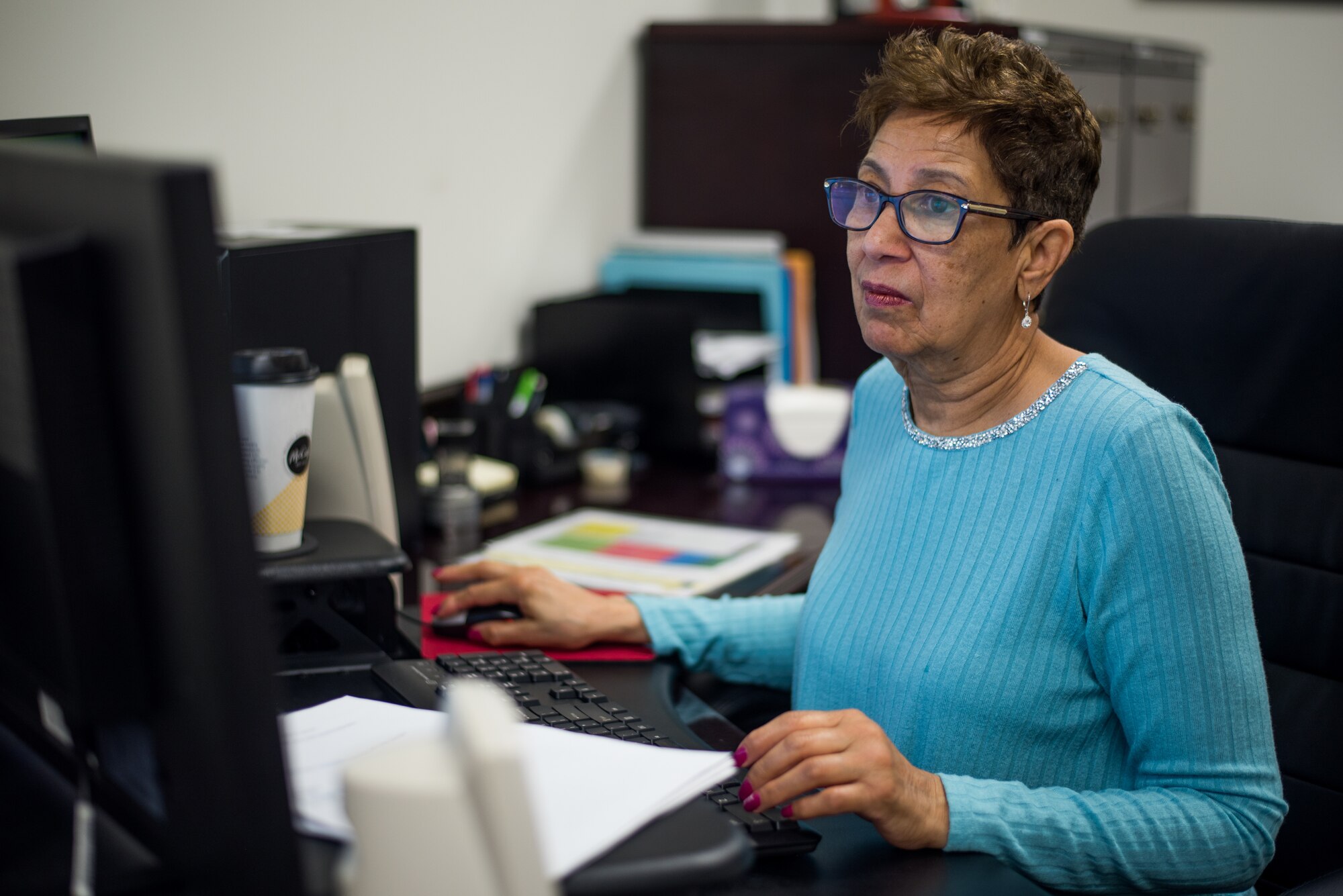 Sharon L. Westcott, 512th Maintenance Group commander’s secretary, works at her station at Dover Air Force Base, Delaware, Feb. 1, 2019. Westcott has worked with five commanders since coming to Dover AFB in 2010. (U.S. Air Force photo by Staff Sgt. Damien Taylor)