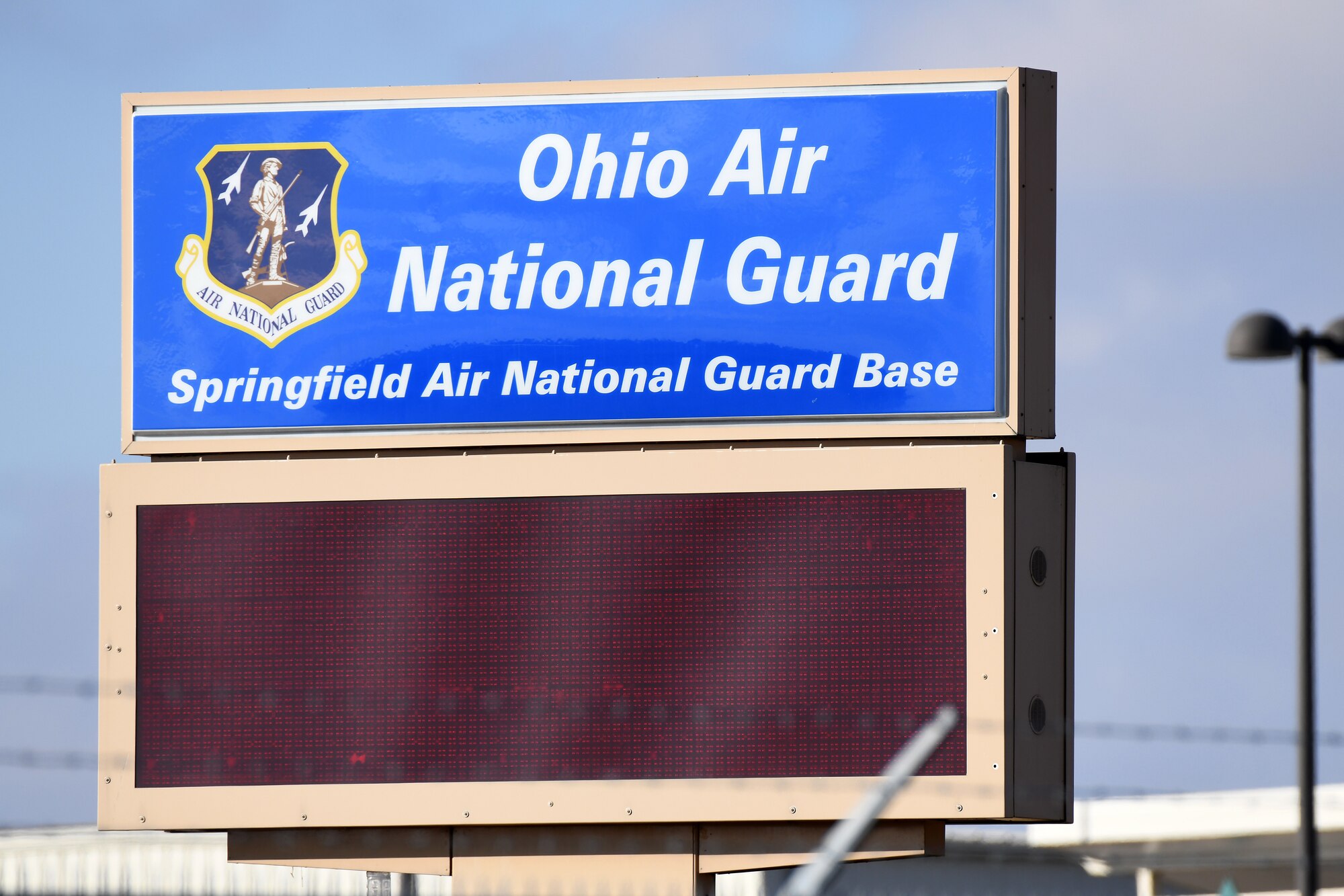 The Springfield-Beckley Air Guard Base sign is located in front of the old gate. Two of the three Air National Guard winners of the General John P. Jumper Award to Excellence in Warfighting Integration are stationed at Springfield-Beckley Air Guard Base. (U.S. Air National Guard photo by Airman 1st Class Amber Mullen)