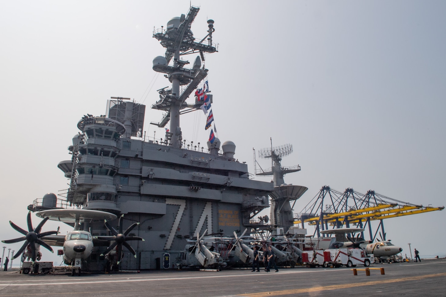 The aircraft carrier USS John C. Stennis (CVN 74) pulls in to Laem Chabang, Thailand, Feb. 10, 2019. The John C. Stennis is deployed to the U.S. 7th Fleet area of operations in support of security and stability in the Indo-Pacific region. (U.S. Navy photo by Mass Communication Specialist Seaman Jarrod A. Schad)