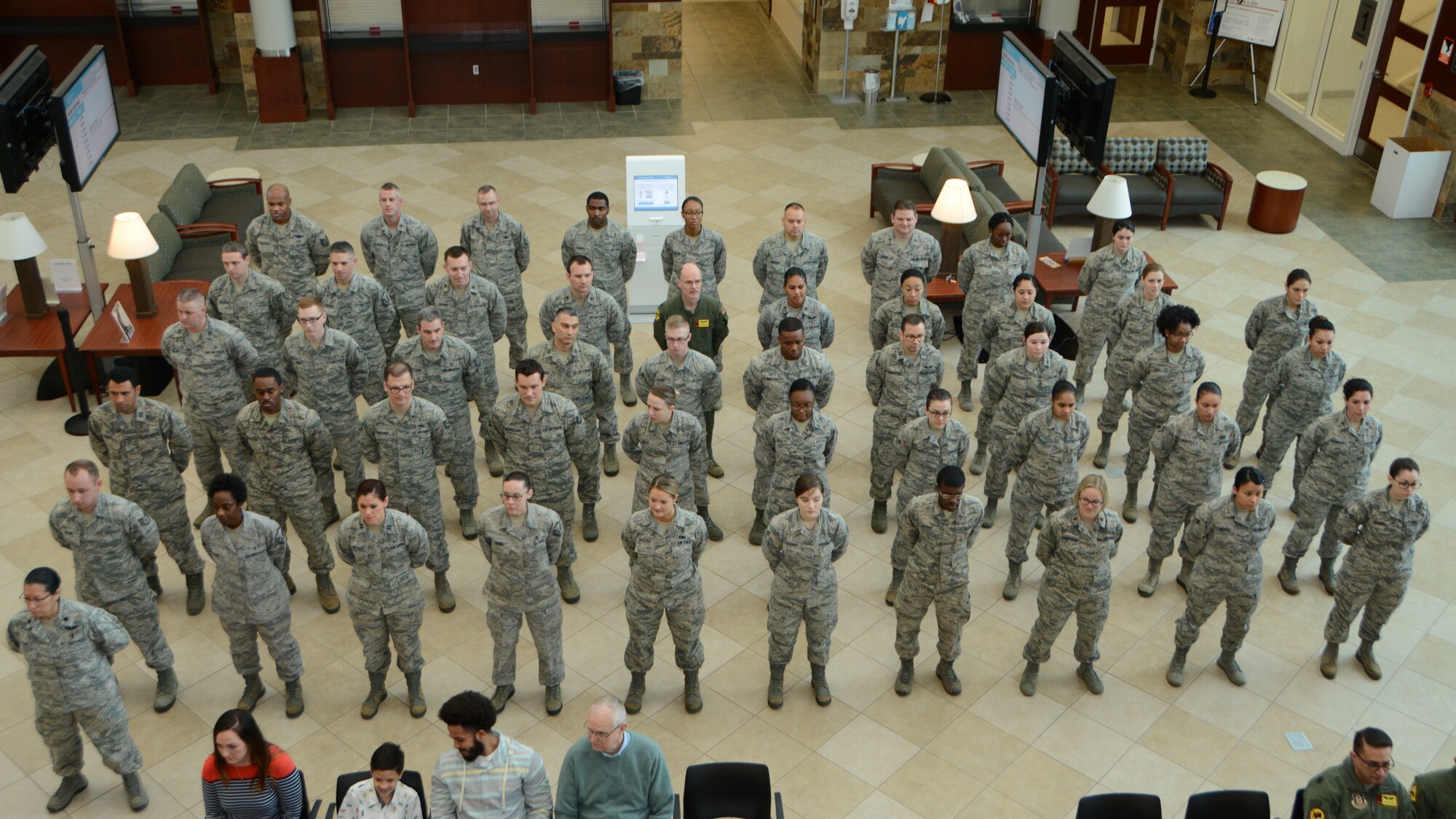Members of the 507th Medical Squadron stand in formation during an assumption of command ceremony at Tinker Air Force Base, Oklahoma, Feb. 9, 2019. During the ceremony Lt. Col. (Dr.) Alvin Bradford accepted command of the 507th MDS from the 507th Air Refueling Wing Commander, Col. Miles Heaslip. (U.S. Air Force photo by Master Sgt. Grady Epperly)