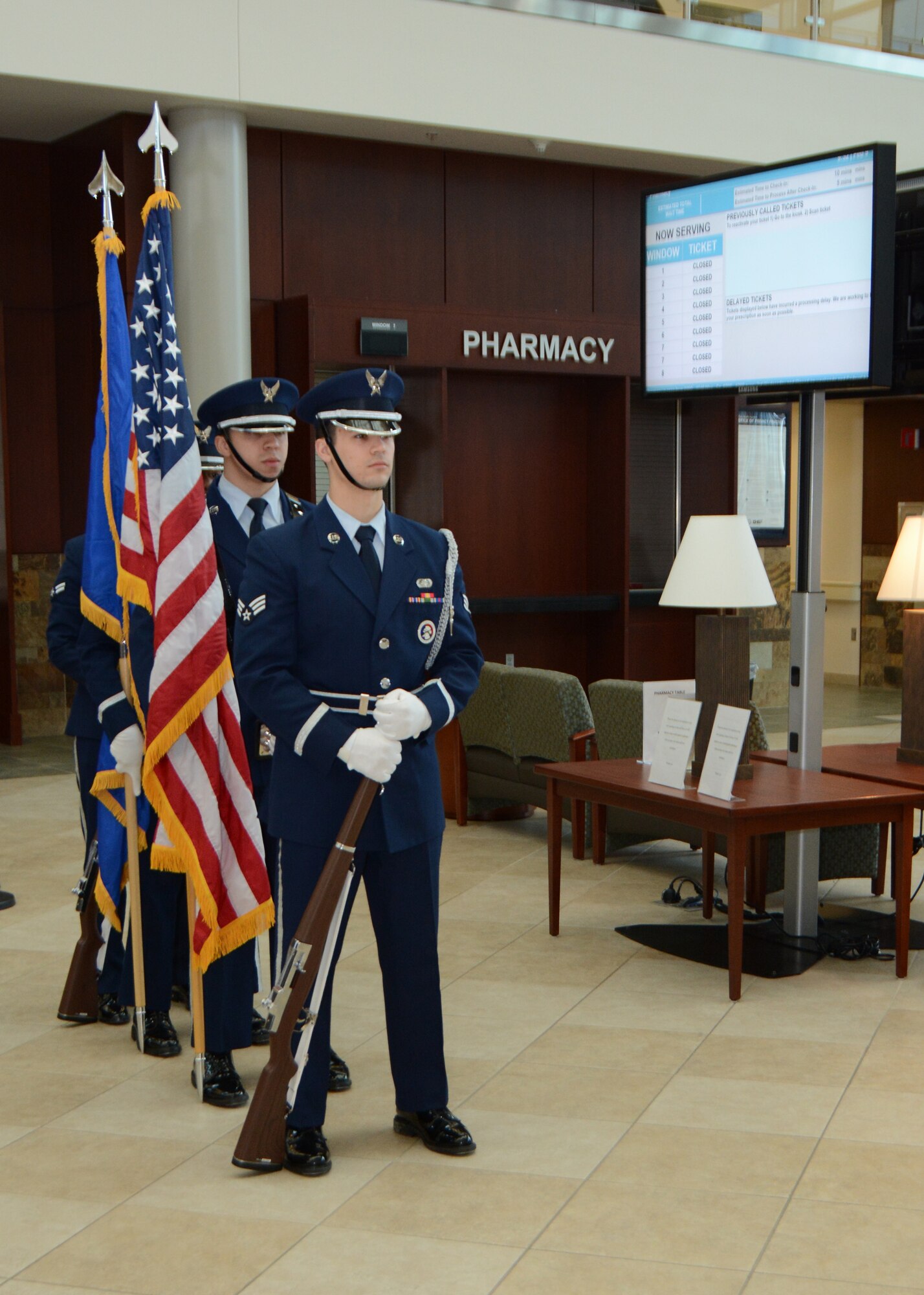 Members of the Tinker Air Force Base Honor Guard prepare to post the colors during the 507th Medical Squadron assumption of command ceremony at Tinker Air Force Base, Oklahoma, Feb. 9, 2019. During the ceremony, Lt. Col. (Dr.) Alvin Bradford accepted command of the 507th MDS from the presiding official, 507th Air Refueling Wing Commander Col. Miles Heaslip. (U.S. Air Force photo by Master Sgt. Grady Epperly)