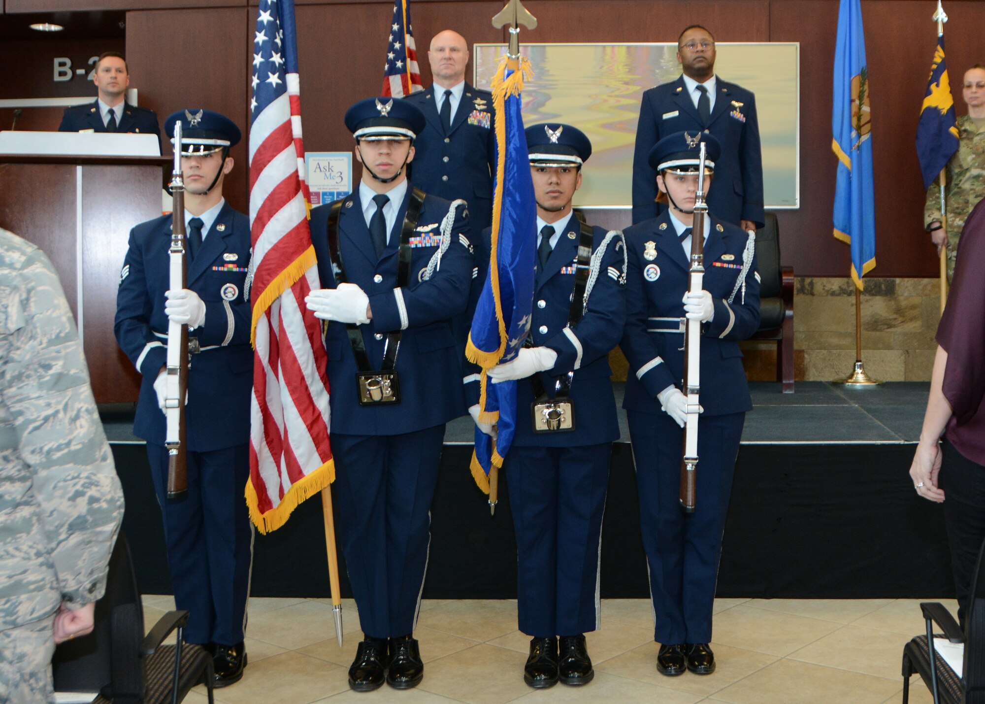 Members of the Tinker Air Force Base Honor Guard post the colors during the 507th Medical Squadron assumption of command ceremony at Tinker Air Force Base, Oklahoma, Feb. 9, 2019. During the ceremony Lt. Col. (Dr.) Alvin Bradford accepted command of the 507th MDS from the presiding official, 507th Air Refueling Wing Commander, Col. Miles Heaslip. (U.S. Air Force photo by Master Sgt. Grady Epperly)