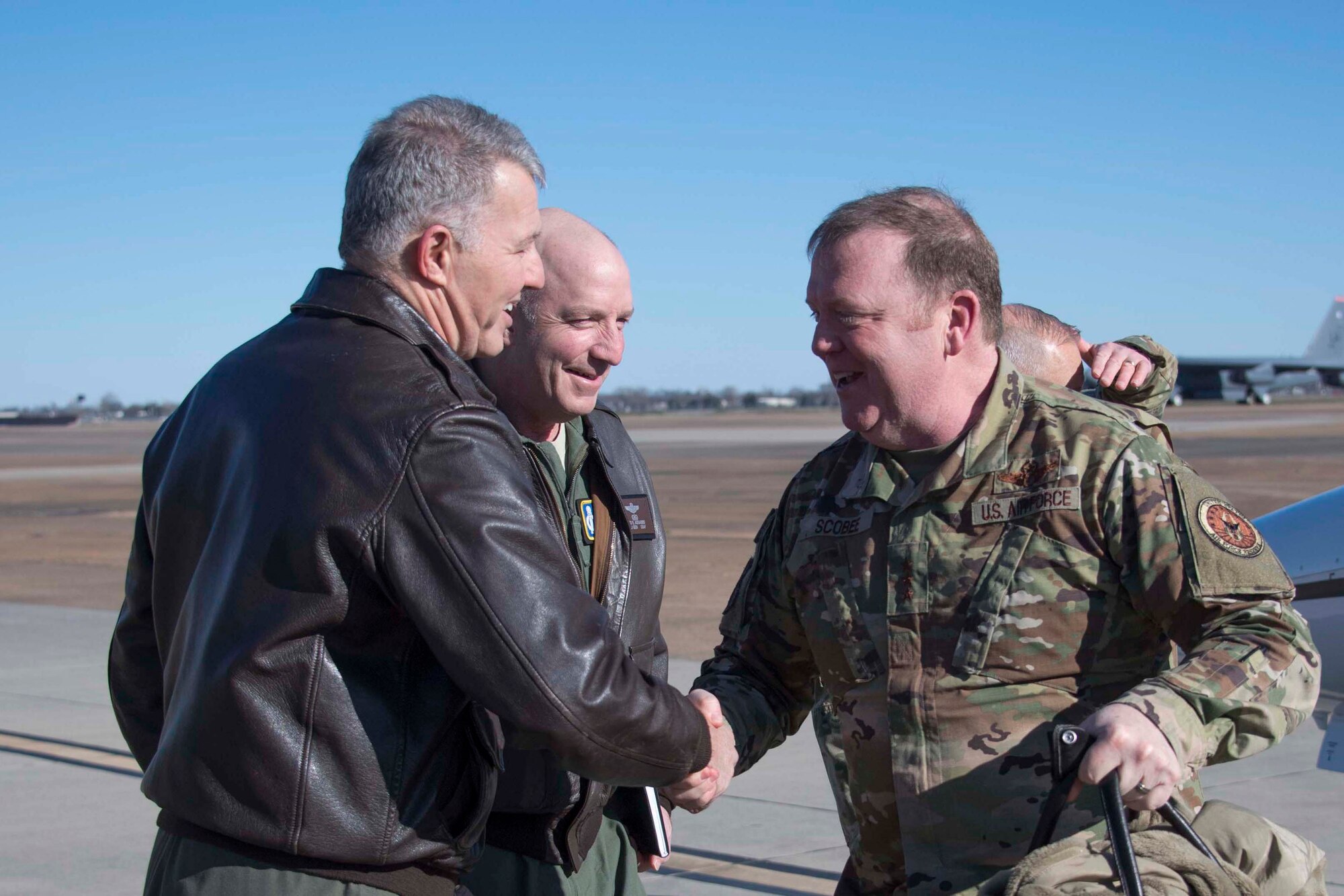 Col. Rober VanHoy II, 307th Bomb Wing commander, greets Lt. Gen. Richard Scobee, AFRC commander, at Barksdale Air Force Base, Louisiana, Jan. 29, 2019.  Scobee spent the day at Barksdale Air Force Base meeting with leadership from the 307th BW, Air Force Global Strike Command, 8th Air Force and 2nd Bomb Wing. (U.S. Air Force phot by Master Sgt. Ted Daigle)