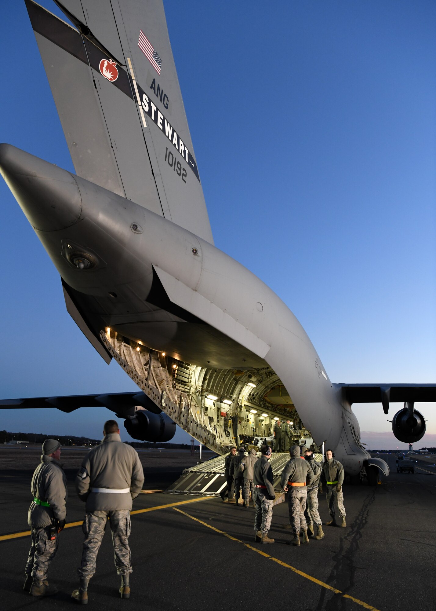 Airmen from the 104th Logistics Readiness Squadron helped unload pallets and equipment from a C-17 Globemaster III from the 105th Airlift Wing in Stewart, New York  Feb. 8, 2019, at Barnes Air National Guard Base, Massachusetts. The C-17 brought Airmen and equipment from Patrick Air Force Base in Florida back to the 104th Fighter Wing after a two week temporary duty assignment.  (U.S. Air National Guard photos by Airman Sara Kolinski)