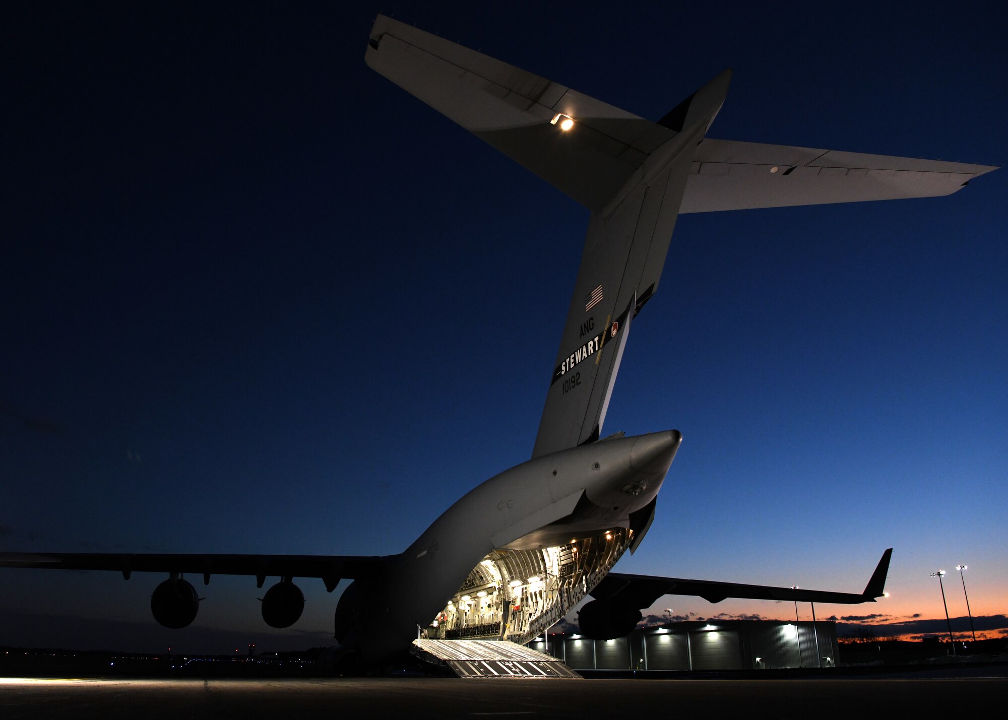 A C-17 Globemaster III from the 105th Airlift Wing in Stewart, New York supported the 104th Fighter Wing Feb. 8, 2019, at Barnes Air National Guard Base, Massachusetts. The aircraft brought 104 FW Airmen who were on a temporary duty assignment at Patrick Air Force Base in Florida back to Barnes.  (U.S. Air National Guard photos by Airman Sara Kolinski)