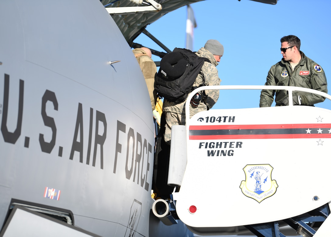 Airmen from the 104th Fighter Wing disembark from a KC-135 Stratotanker from the 128th Air Refueling Wing, Feb. 9, 2019, at Barnes Air National Guard Base, Massachusetts. The Airmen returned from a temporary duty assignment at Patrick Air Force Base where they trained with members of the 180th Fighter Wing. (U.S. Air National Guard photo by Airman 1st Class Randy Burlingame)