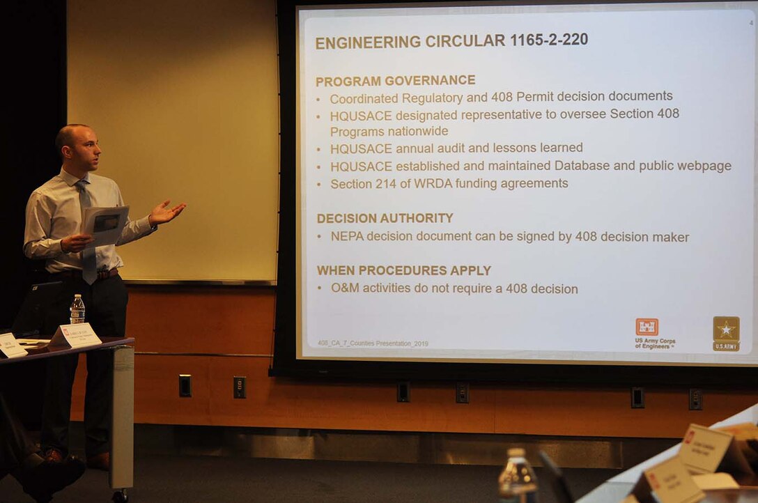 Adam Bier, senior hydraulic engineer with the U.S. Army Corps of Engineers Los Angeles District, briefs county flood control directors about 408 permitting during the Seven County Flood Control Directors meeting Jan. 31 at the Corps’ LA District headquarters in downtown LA.