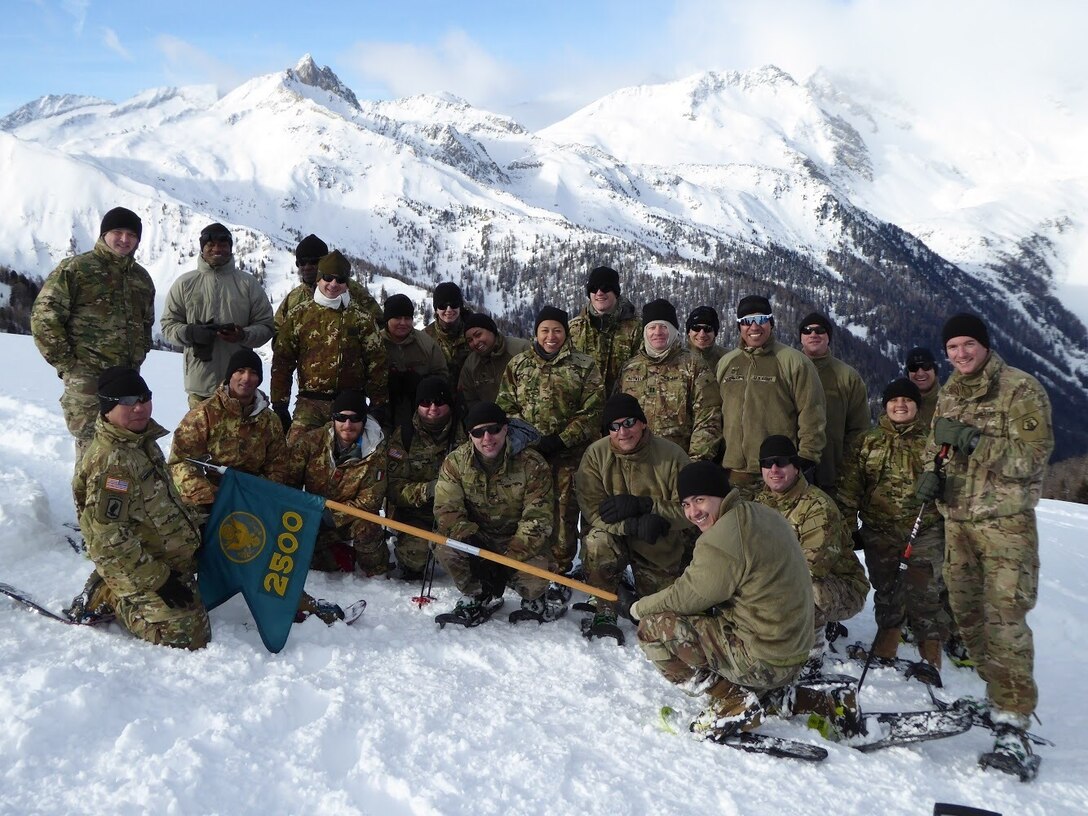 The 2500th Digital Liason Detachment poses for a group photo at Refugio peak near Wiessenbach, Italy, Jan, 12, during the unit's three-day battle assembly Jan. 11-13. The unit climbed to the peak with the 6th Alpini Regiment of the Italian army.