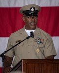 U.S. Naval Forces Europe-Africa Fleet Master Chief Raymond D. Kemp, Sr. recites the Chief Petty Officer Creed during a pinning ceremony at Naval Support Activity Naples, Italy, Sept. 14, 2018.