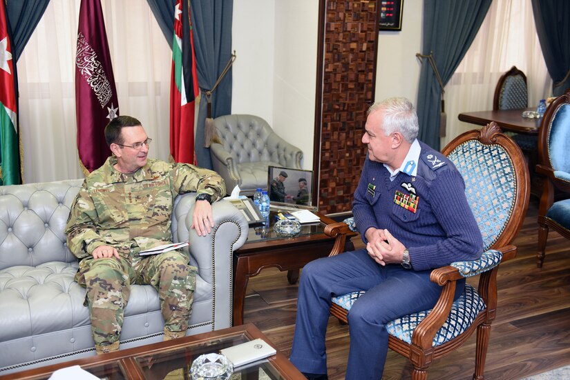 Air Force Gen. Joseph Lengyel, chief, National Guard Bureau, meets with Maj. Gen. Yousef Al-Hnaity, commander, Royal Jordanian Air Force, during a visit to the Hashemite Kingdom of Jordan, Feb. 7, 2019.