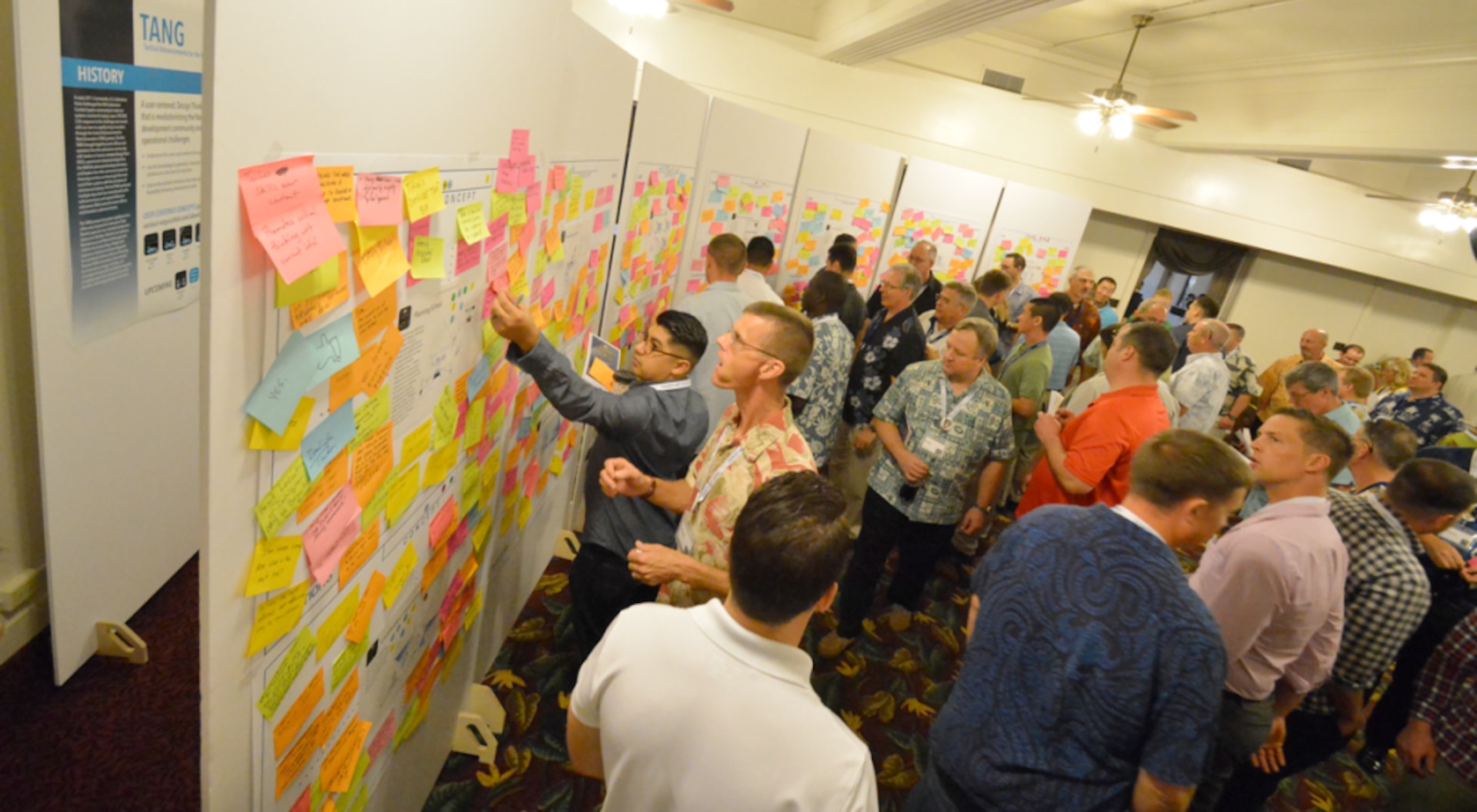 Tactical Advancements for the Next Generation (TANG) participants of the Integrated Air and Missile Defense (IAMD) Mission Planning Seminar post their likes, wishes, questions and concerns about pre-event concepts to kick-off the week. The TANG brings government civilians, contractors, enlisted and officer personnel together with commercial enterprises to tackle challenges through innovation.
