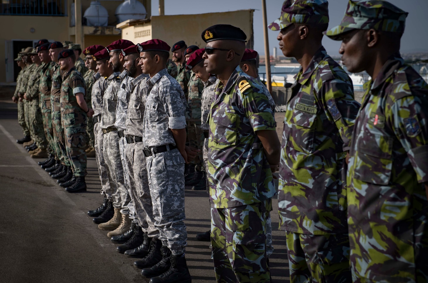 Sailors from the U.S., Indian, Comorian, Kenyan, Djiboutian and Somali navies along with U.S. Coast Guard sailors and Royal Netherlands Marines gather for the closing ceremony of exercise Cutlass Express 2019 in Djibouti, Feb. 6, 2019.