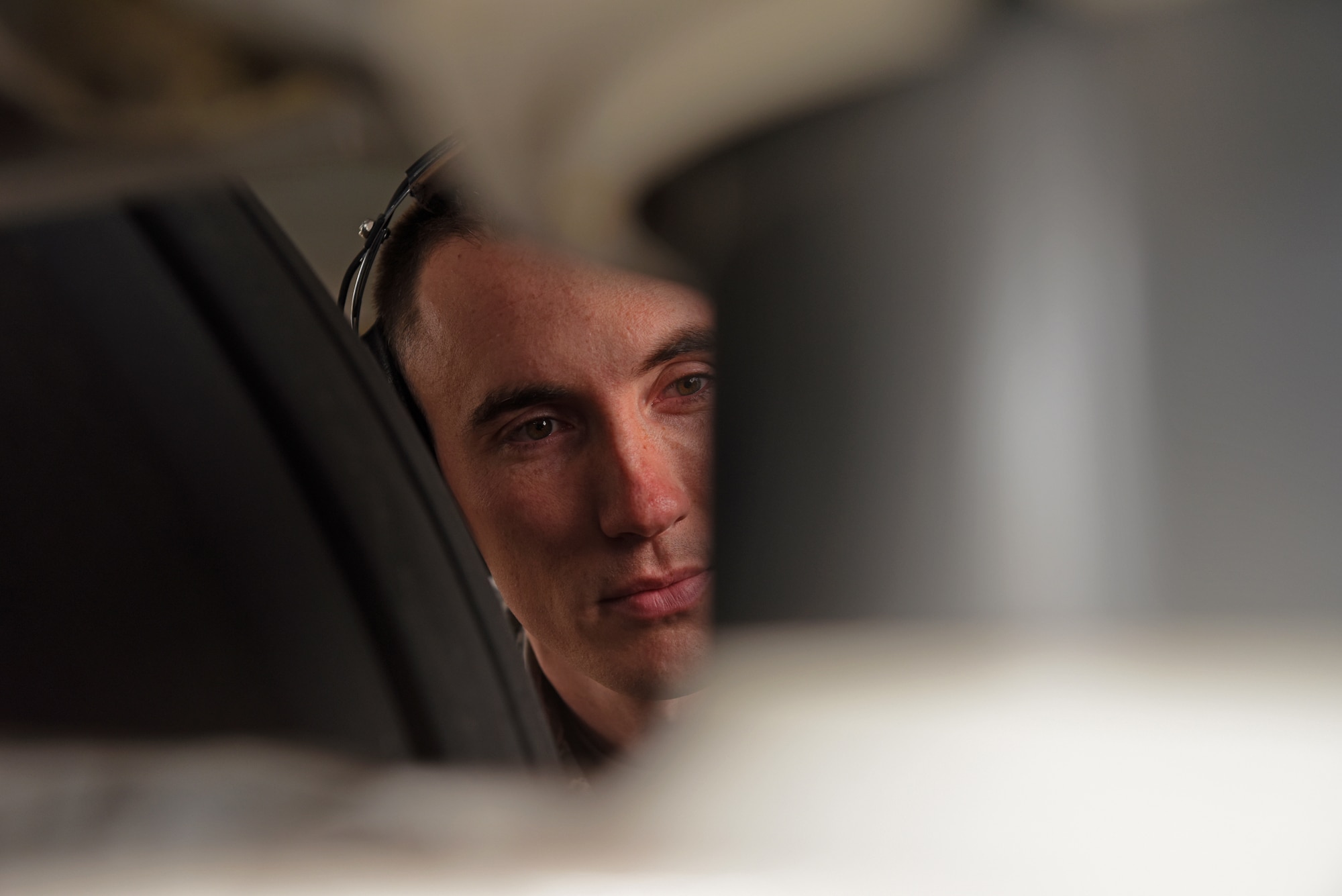 U.S. Air Force Staff Sgt. Trevor Woodruff, 100th Aircraft Maintenance Squadron flying crew chief and instrument and flight control systems craftsman, inspects landing gear of a KC-135 Stratotanker at RAF Mildenhall, England, Feb. 8, 2019. Along with the launch and recovery of KC-135s, the 100th AMXS also conducts inspections, pre- and post-flight checklists, take care of delayed and pilot-reported discrepancies and perform routine maintenance. (U.S. Air Force photo by Airman 1st Class Brandon Esau)