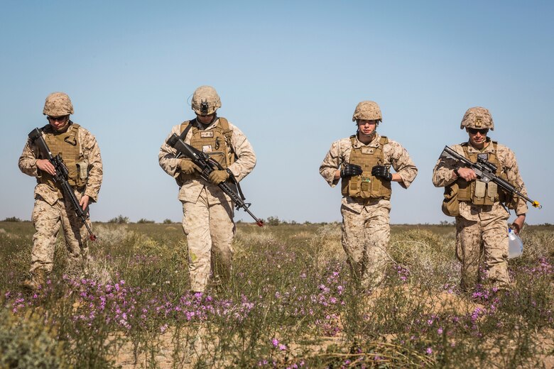 U.S. Marines assigned to Marine Wing Support Squadron 371 (MWSS-371) walk towards a gathering point at AUX II, one of the ranges owned by Marine Corps Air Station (MCAS) Yuma, Ariz., Jan. 22, 2019. During this portion of the training exercise, the bulk fuels specialists of MWSS-371 practiced setting up security for an MV-22B Osprey landing at AUX II.The Marine Corps uses teams of four Marines, or a "fire team," each equipped with an team leader, automatic rifleman, assistant automatic rifleman, and a basic rifleman when conducting tactical operations.   MCAS Yuma is a prime location to conduct military training with its variety of different training range; both foreign military units and all branches of the U.S. military that visit the air station utilize the ranges throughout the year. (U.S. Marine Corps photo by Cpl. Isaac D. Martinez)