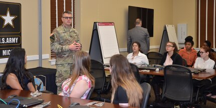 Brig. Gen. Bill Boruff speaks to Churchill and Warren high school students as part of the San Antonio Job Shadow Day Feb. 5 at Joint Base San Antonio-Fort Sam Houston. Boruff is the commanding general of the Mission and Installation Contracting Command.