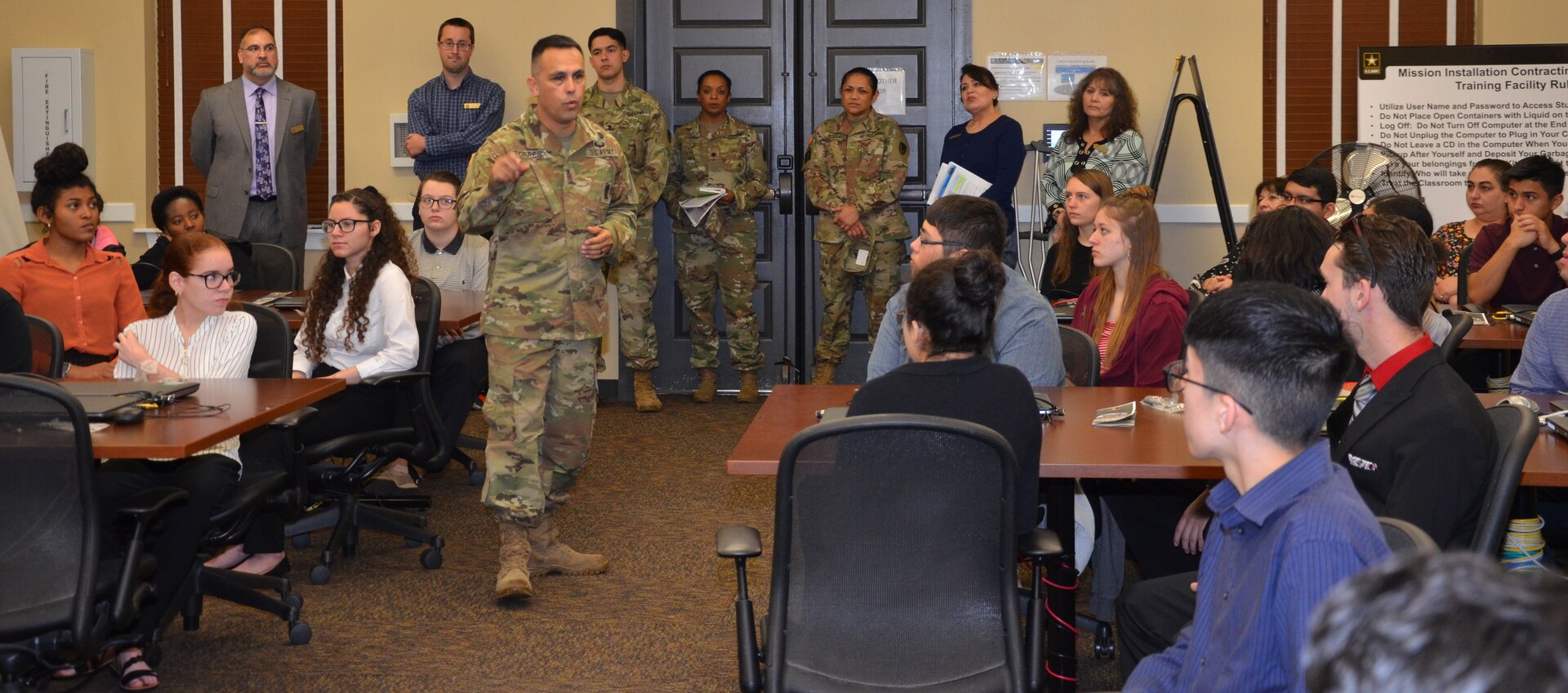 Command Sgt. Maj. Marco Torres mentors Churchill and Warren high school students as part of the San Antonio Job Shadow Day Feb. 5 at Joint Base San Antonio-Fort Sam Houston. Torres is the command sergeant major for the Mission and Installation Contracting Command.